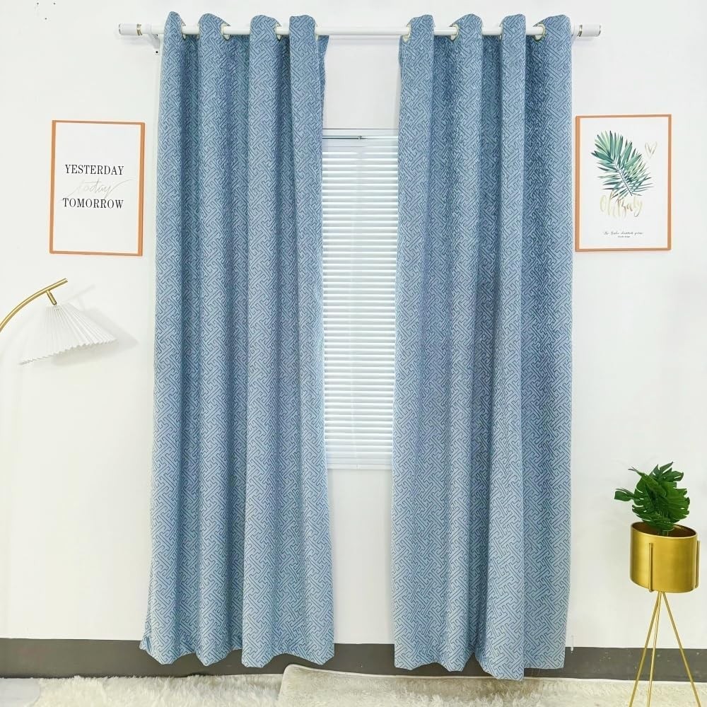 2 Panels Set Pair Chenille Curtains Semi-Blackout Geometric Modern Curtains f…
