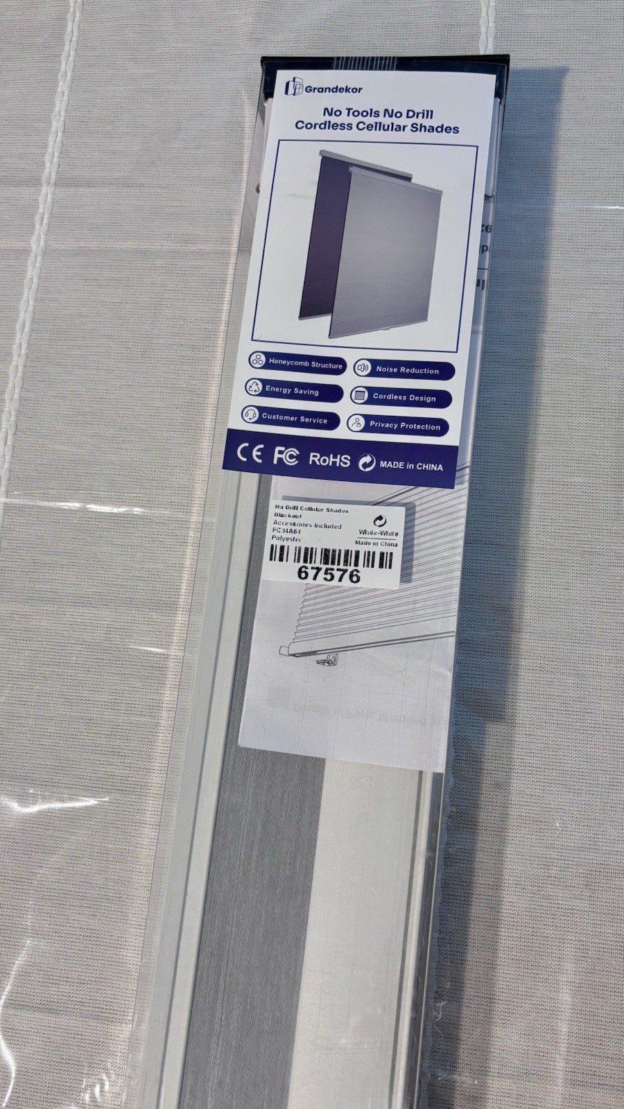 No Drill Cordless Cellular Shades 34”x64”