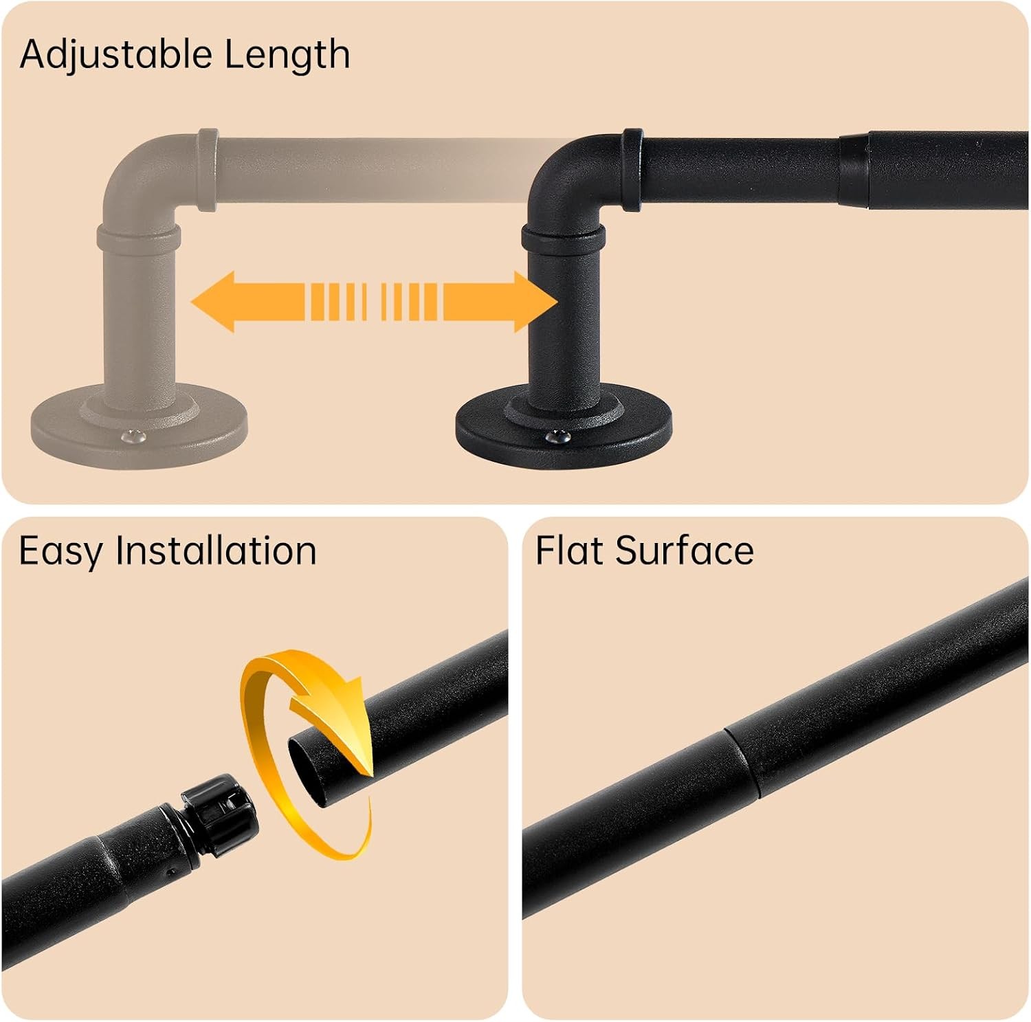 2 Pack Industrial Curtain Rods 33 to 45 Inches 5/8 Inch Diameter Black For