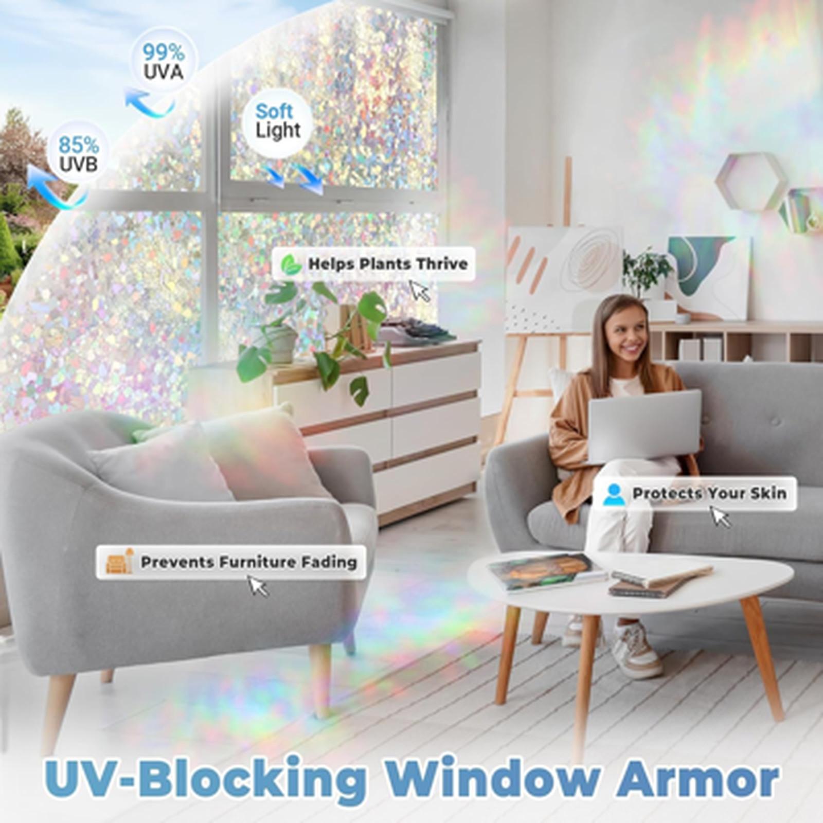 Window Privacy Film Rainbow Decorative Sticker 17.5 x 78.7 inches Static Cling
