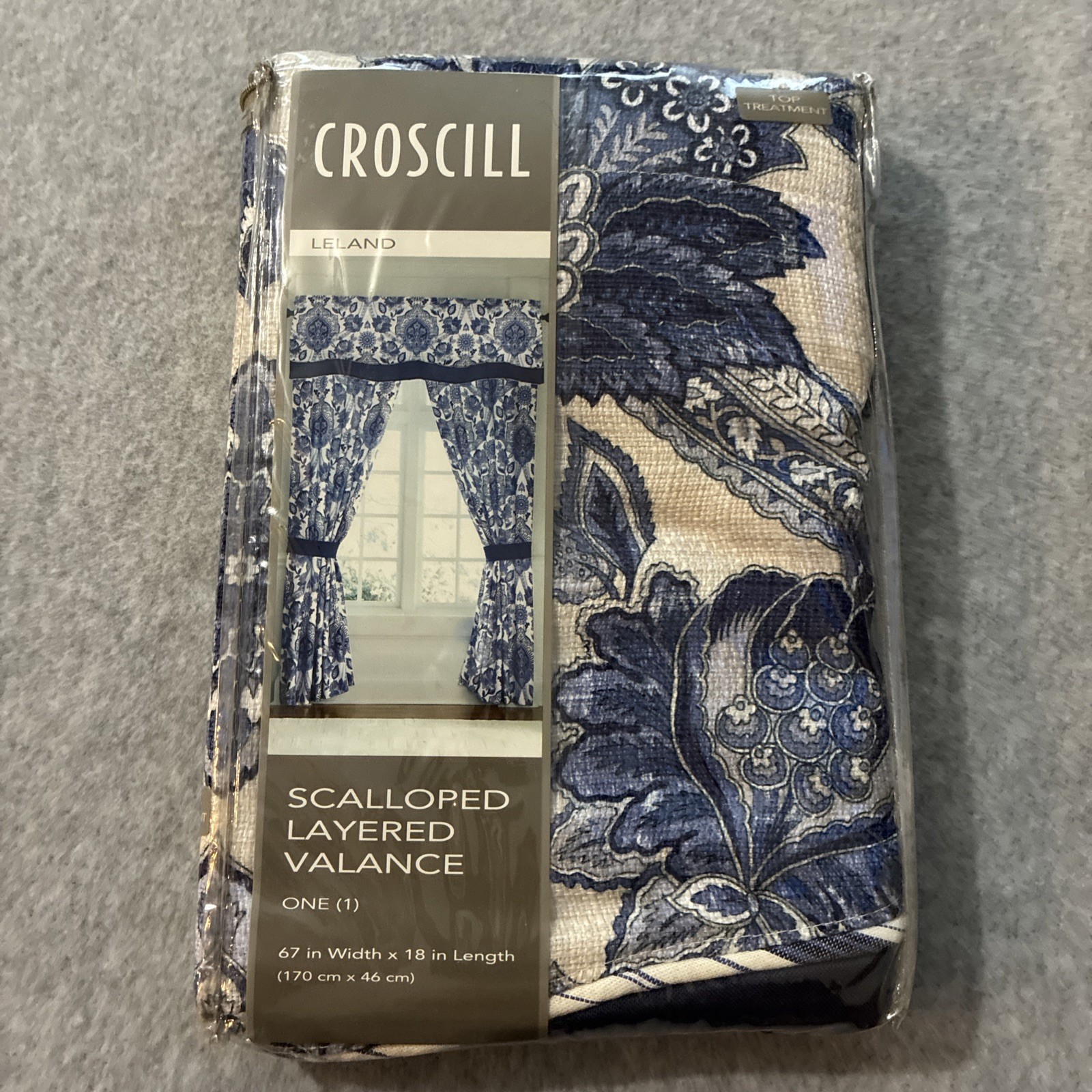 NEW Croscill Leland Valance 67×18 Navy Blue Tan Floral Scalloped Layered