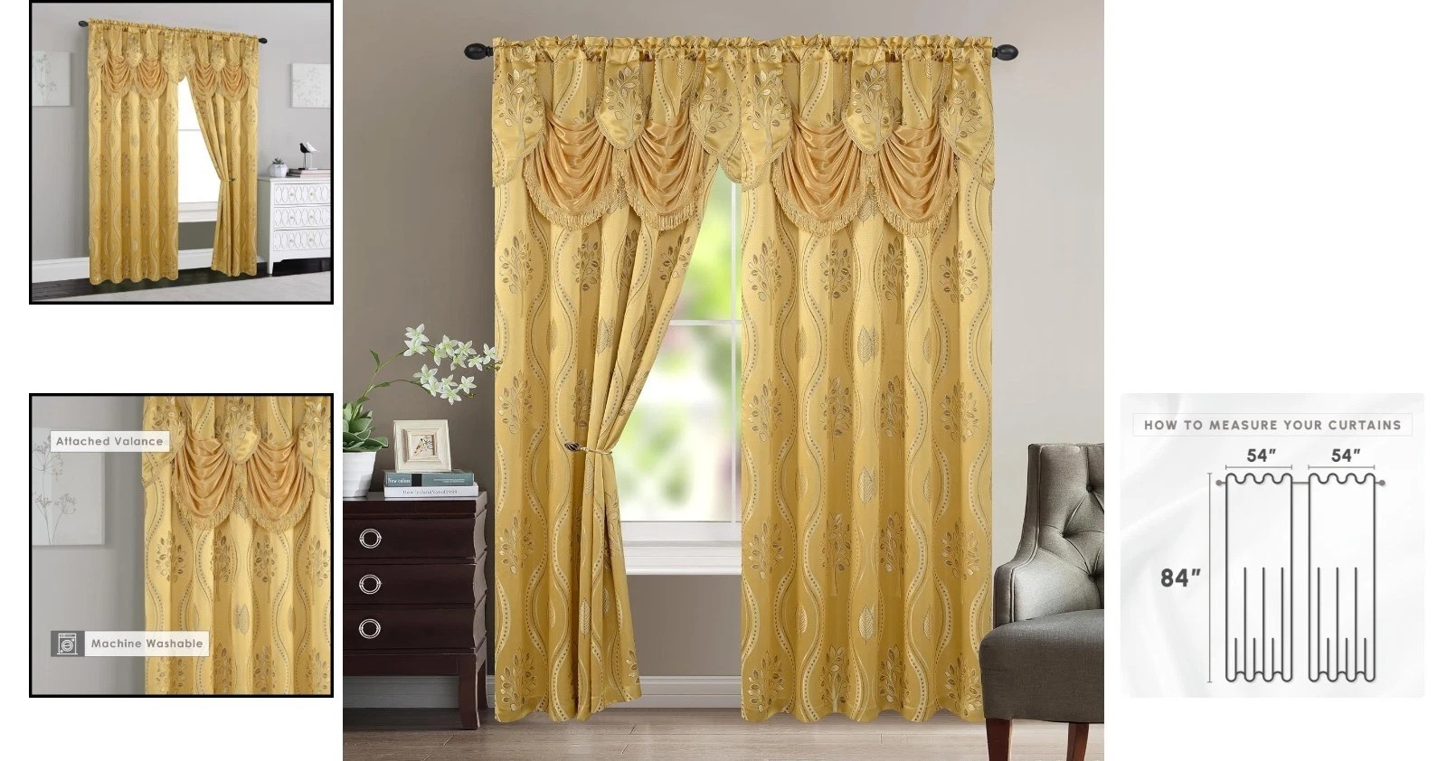Decorative Gold Jacquard Curtains with Attached Valance 54 by 84 for Home Decor