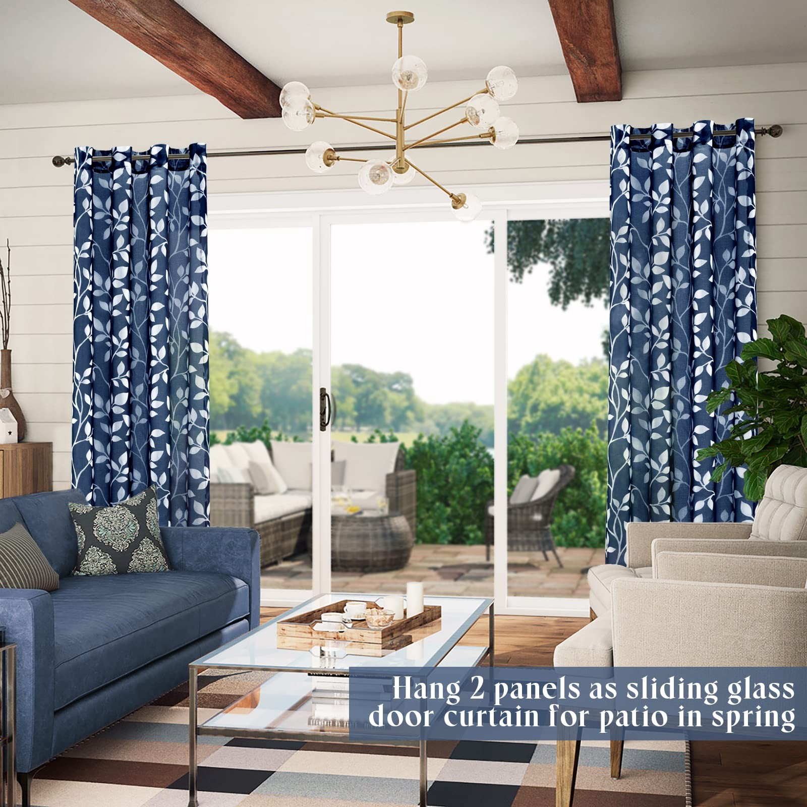 XTMYI Navy Blue Pattern Curtains 84 Inch Length for Living Room 2 Panels Set,Lea
