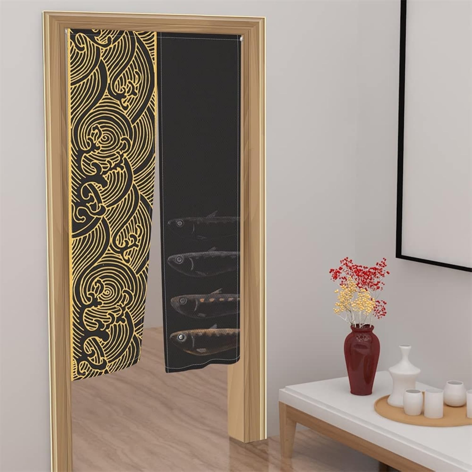 Leowefowa Noren Japanese Style Doorway Curtain Wave & Fishes Printed Window Trea
