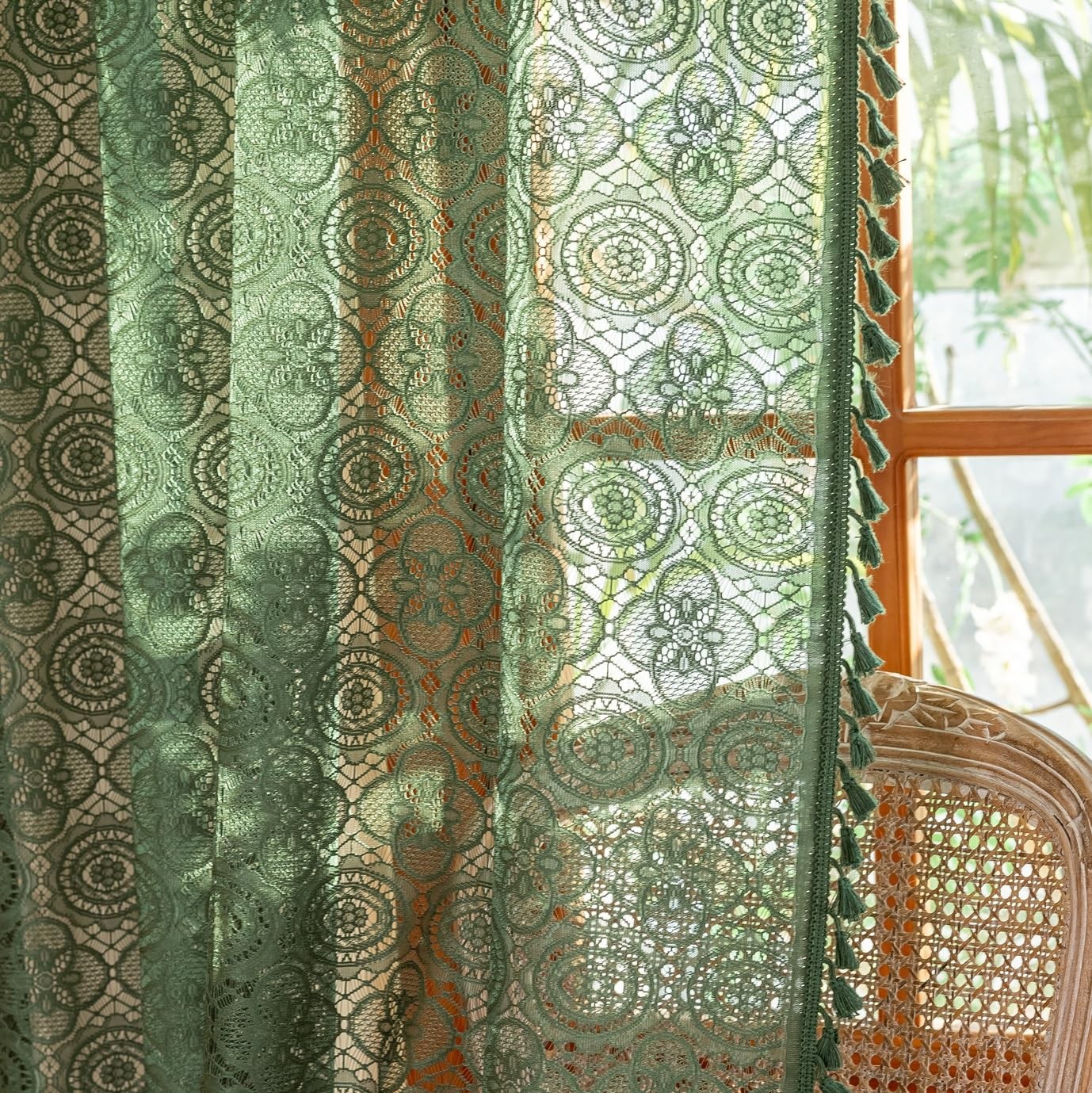 Dark Green Lace Curtains 84 Inch Long for Living Room 2 Panels Vintage Boho L…