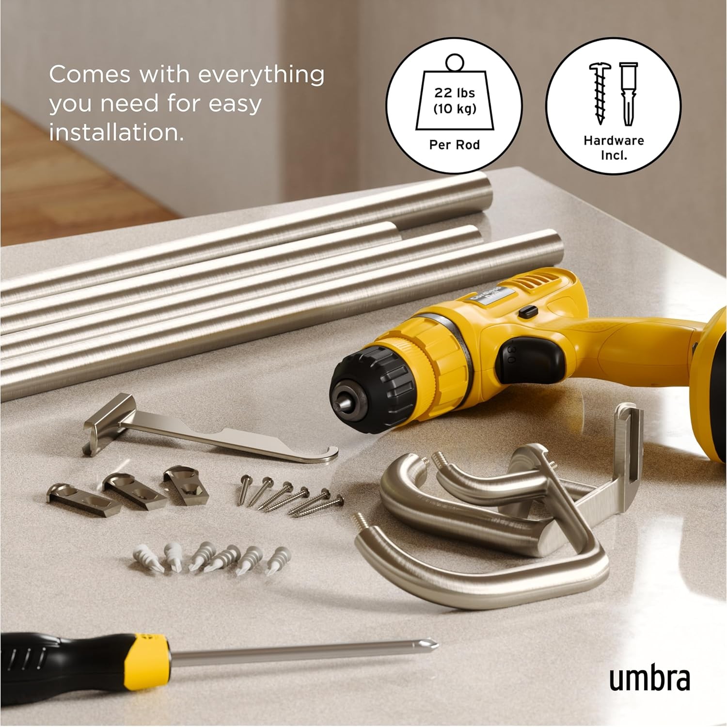 Umbra Twilight Double Curtain Rod Set – Wrap 66" to 144", Nickel