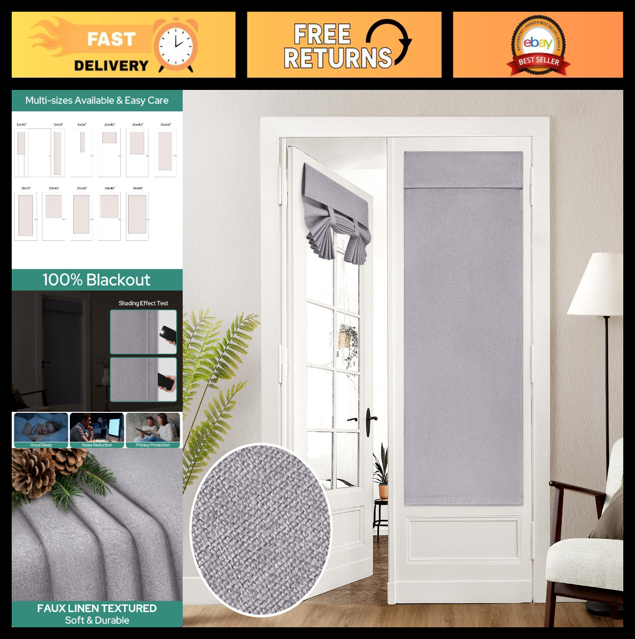 100% Linen Blackout French Door Curtains, 26×68 Inch Thermal Insulated Shades, L