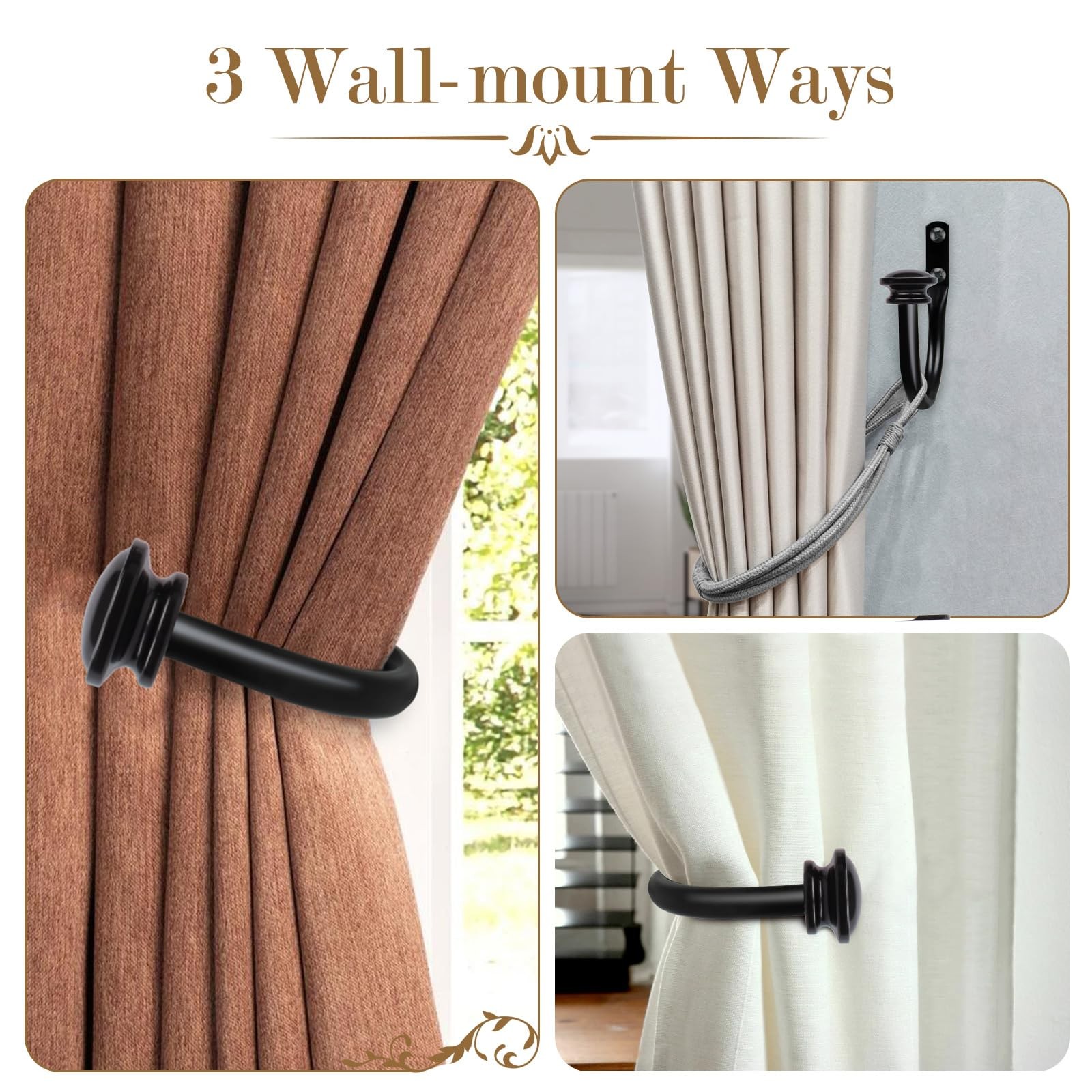 TONIAL Curtain Holdbacks 2 Pack, Decorative Small-Stylish Finial, Black