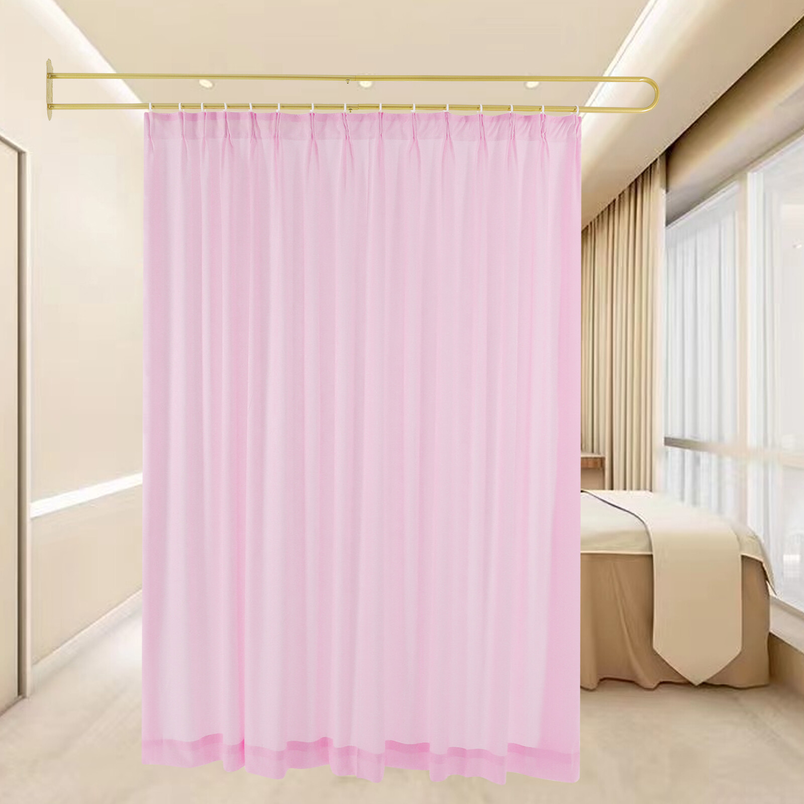Privacy Partition Curtain Metal Support Wall Mounted U-Shape Room Divider 2M