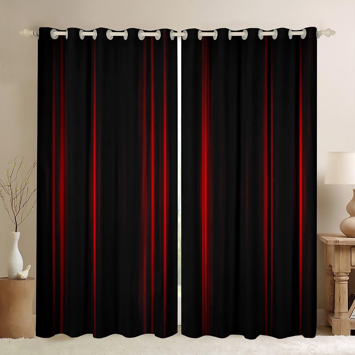 Feelyou Red Black Striped Blackout Curtains 2 Panels 52 x 84 Inch for Bedroom