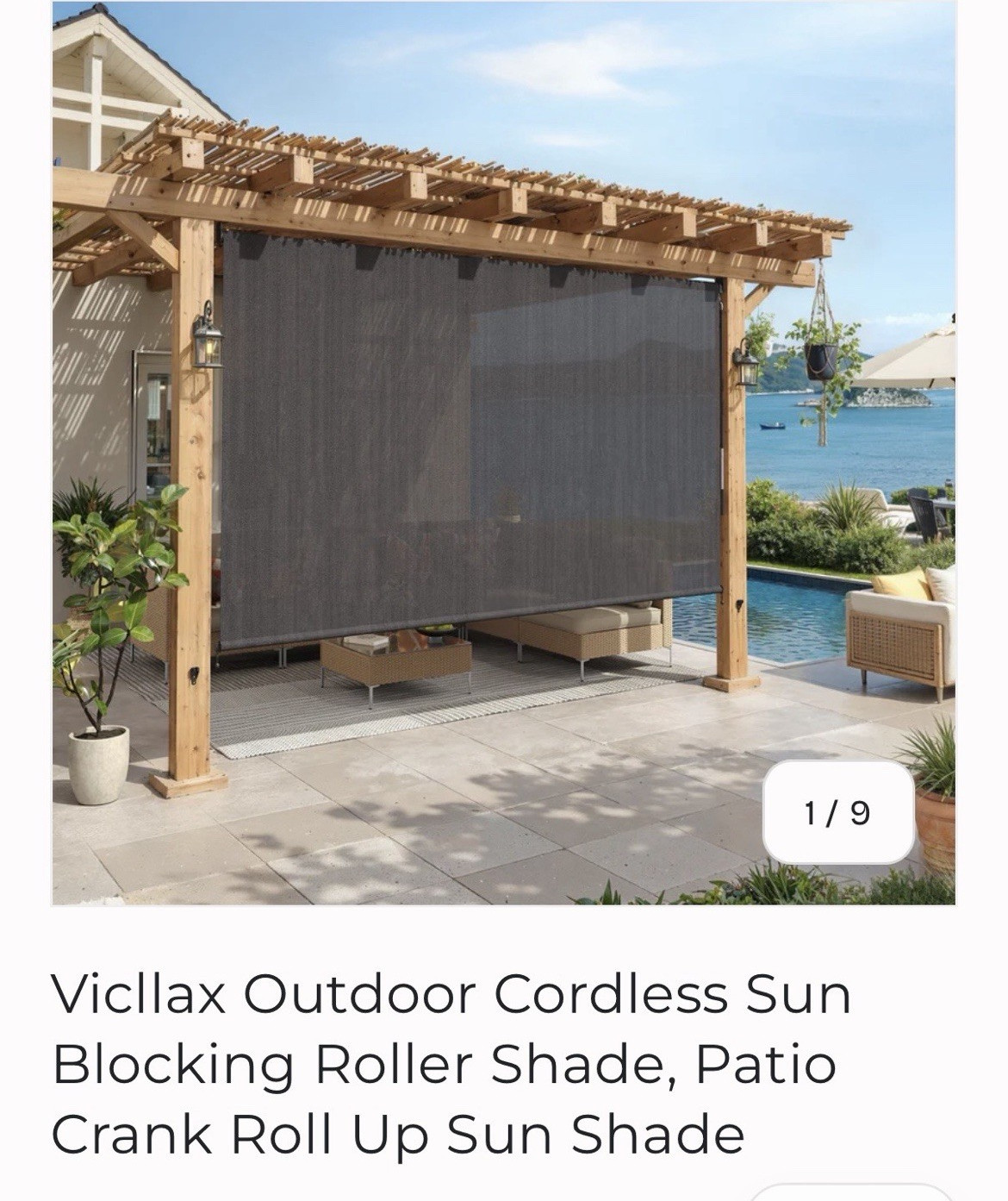 Outdoor Cordless Roller Shade 8 FT Grey Sun Blocking UV Resistant Crank