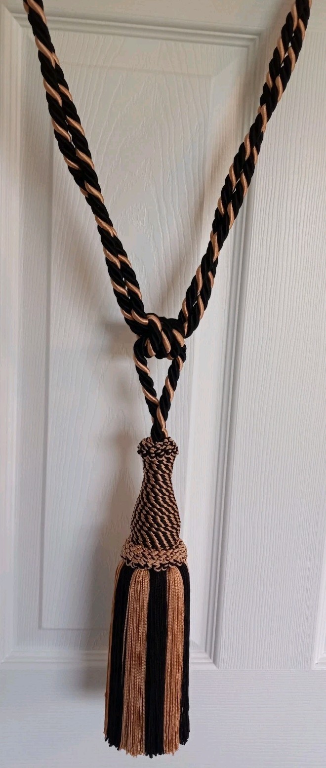 2 Large Heavy Twisted Rope Drapery Curtain Tie Backs Large Tassels Black & Gold