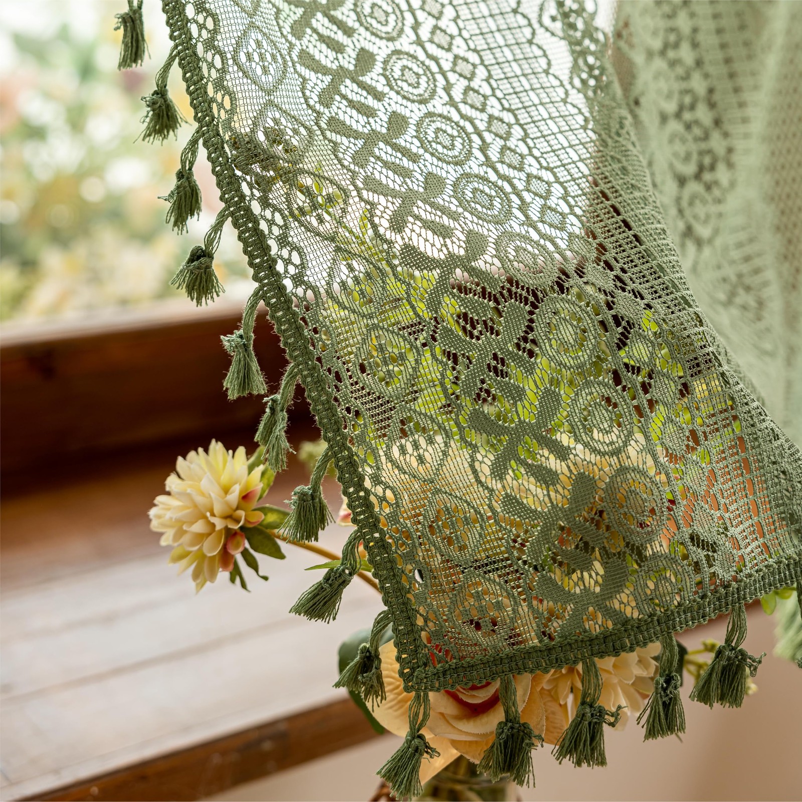 Olive Green Boho Window Curtains Valance 18 inches Long 2 Panels, Farmhouse L…