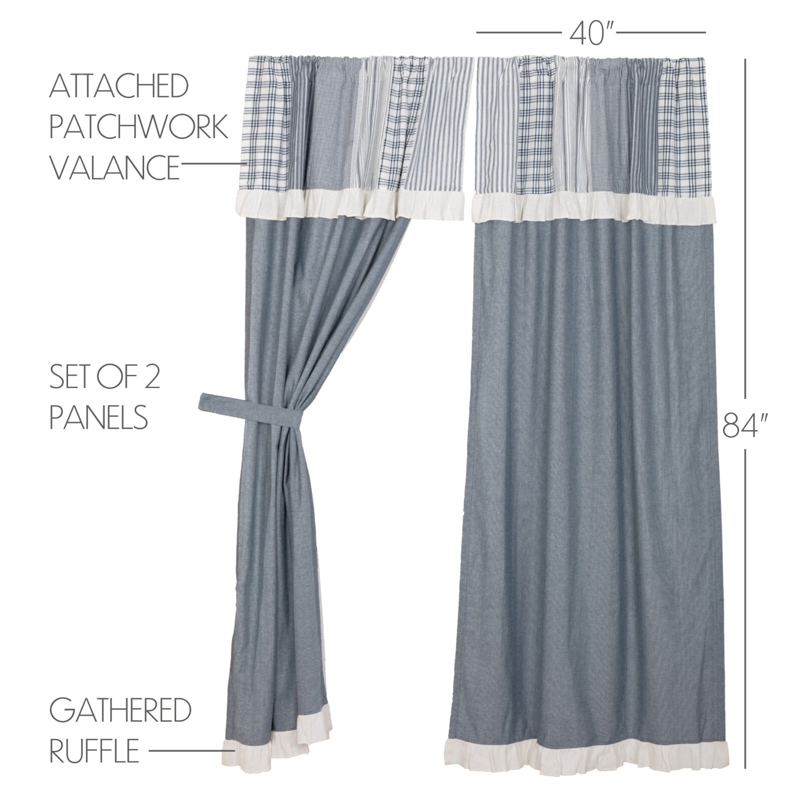 Sawyer Mill Blue Chambray Panel Set w/ Attached Patchwork Valance 84″ Long Last1