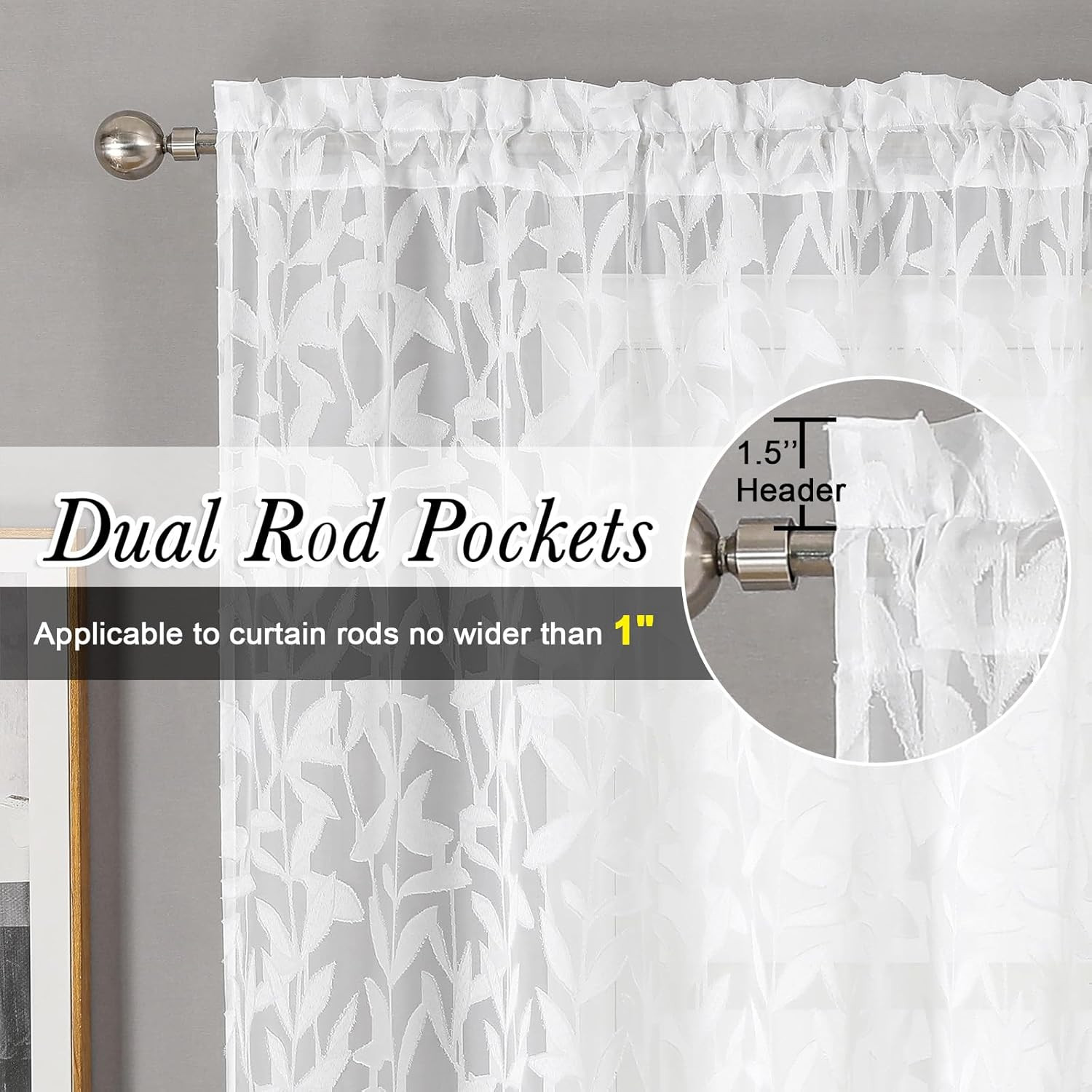 2 PCS White Sheer Valance Curtains 14 Inch Jacquard Leaf Light Filtering Window