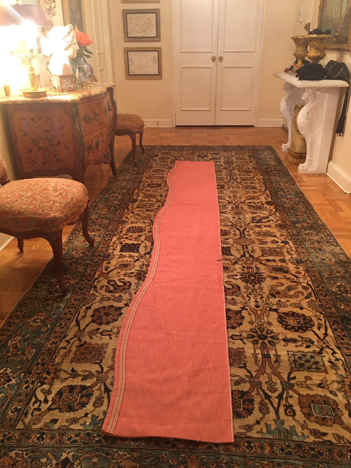 FABRIC UNFINISHED VALANCE WITH LINING & SCALLOPS AND TRIM. 134” LONG (11.2 Feet)