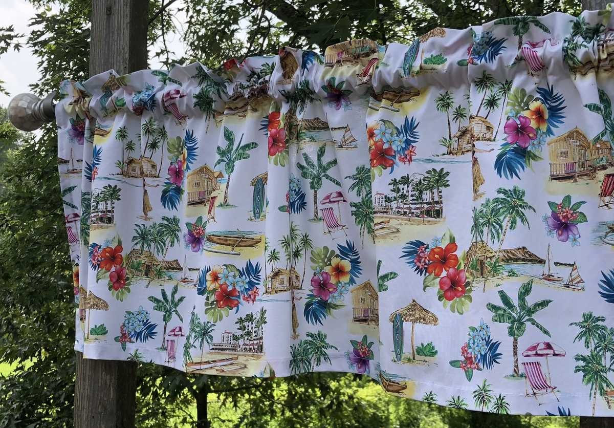 Tropical Island Valance Beach Palm Trees Hula Girl Window Curtain Topper