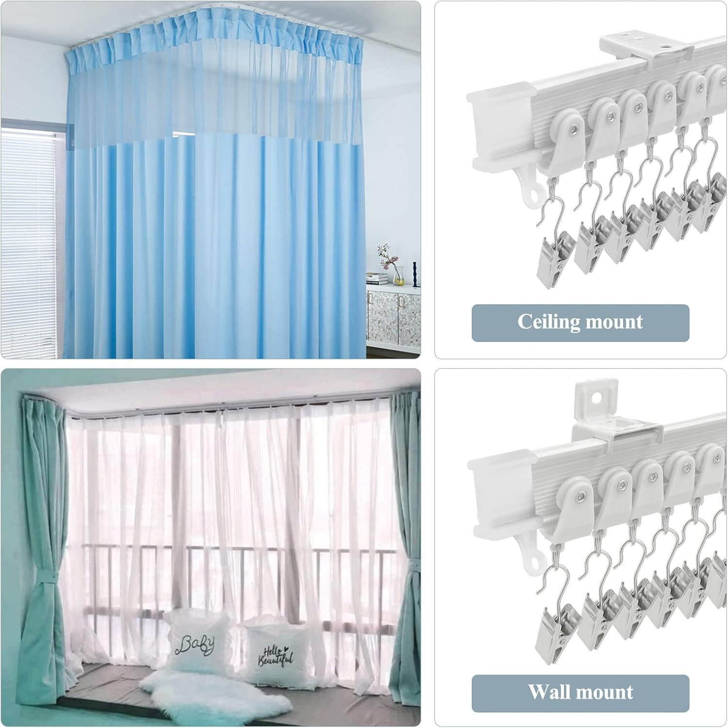 Ceiling Curtain Track, Flexible Bendable Curtain Rail System, 20Ft Wall Mount He