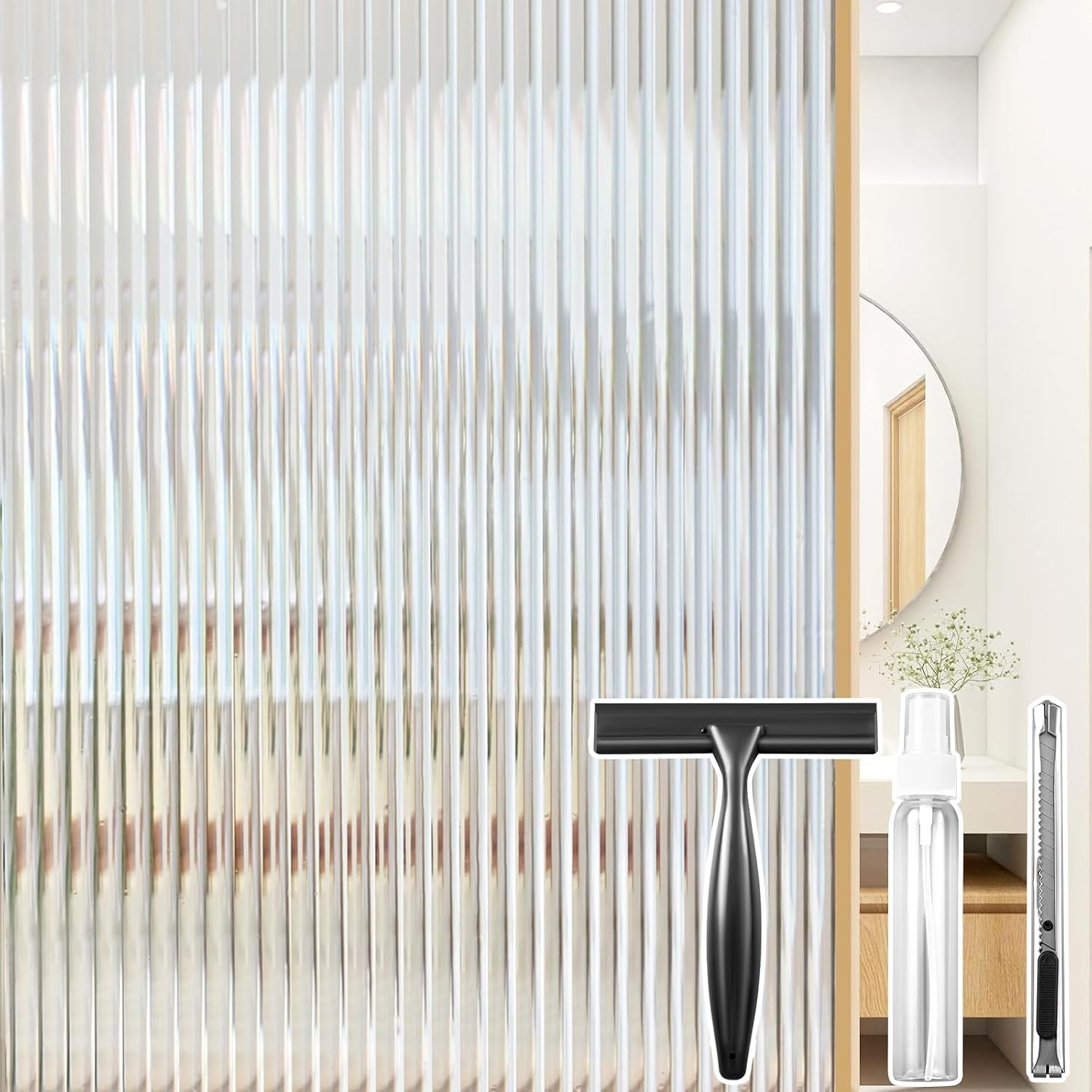 3D Fluted Privacy Film for Glass Windows, Static Cling Decorative Bathroom Door