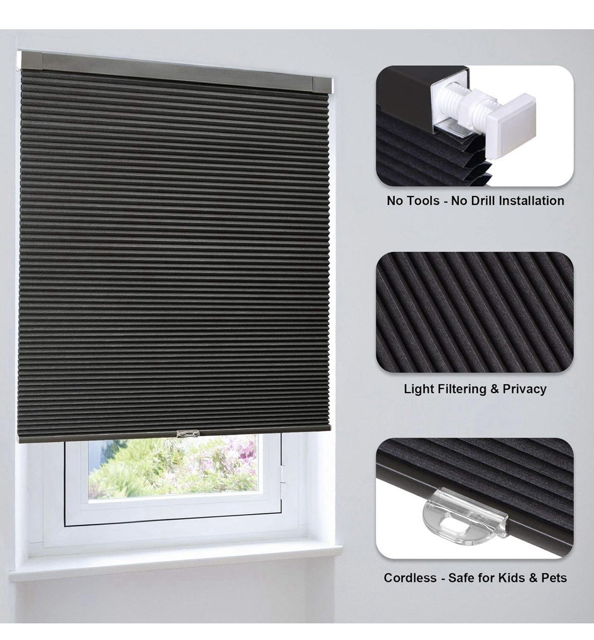 Blackout Honeycomb Pleated Cordless Cellular Shades, 23″ WX64″ H, Midnight Black