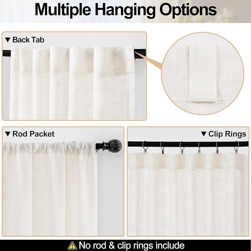 Premium Linen Curtains Semi-Sheer Ready-to-Hang W/ Dual-Rod Pocket 2 Panels New