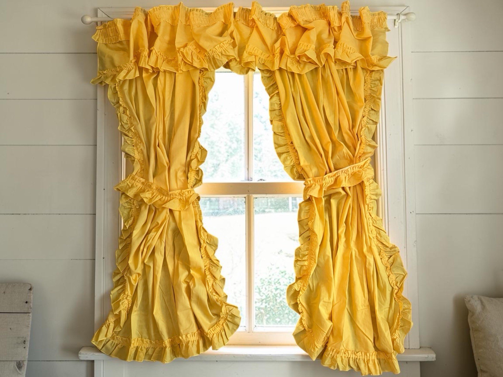 VTG 70s Sears Curtains Ruffled 2 Panels Valance & 2 Tiebacks Marigold Yellow EUC