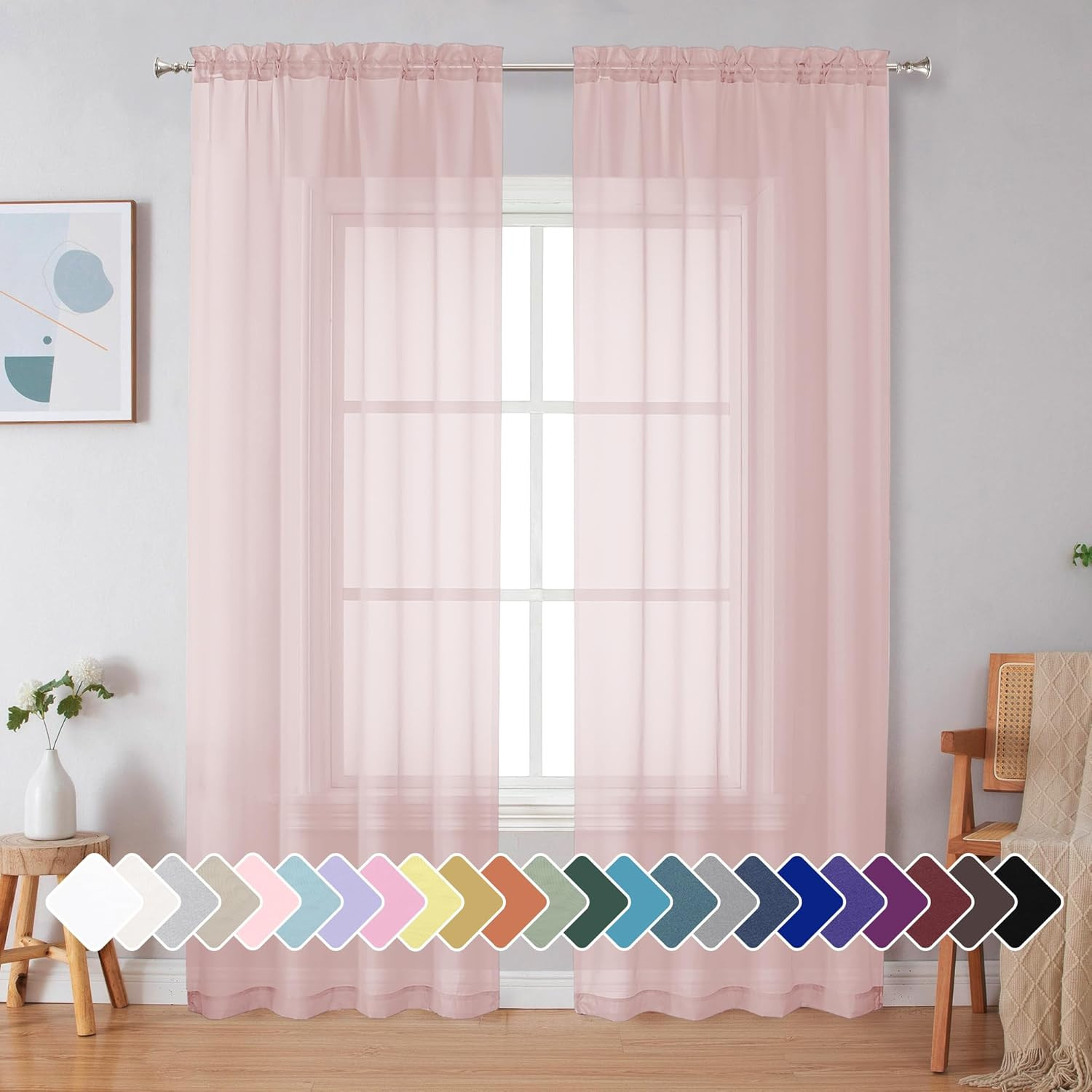 Blush Sheer Curtains 84 Inches Long, Light Filtering Rod Pocket Solid Color Wind