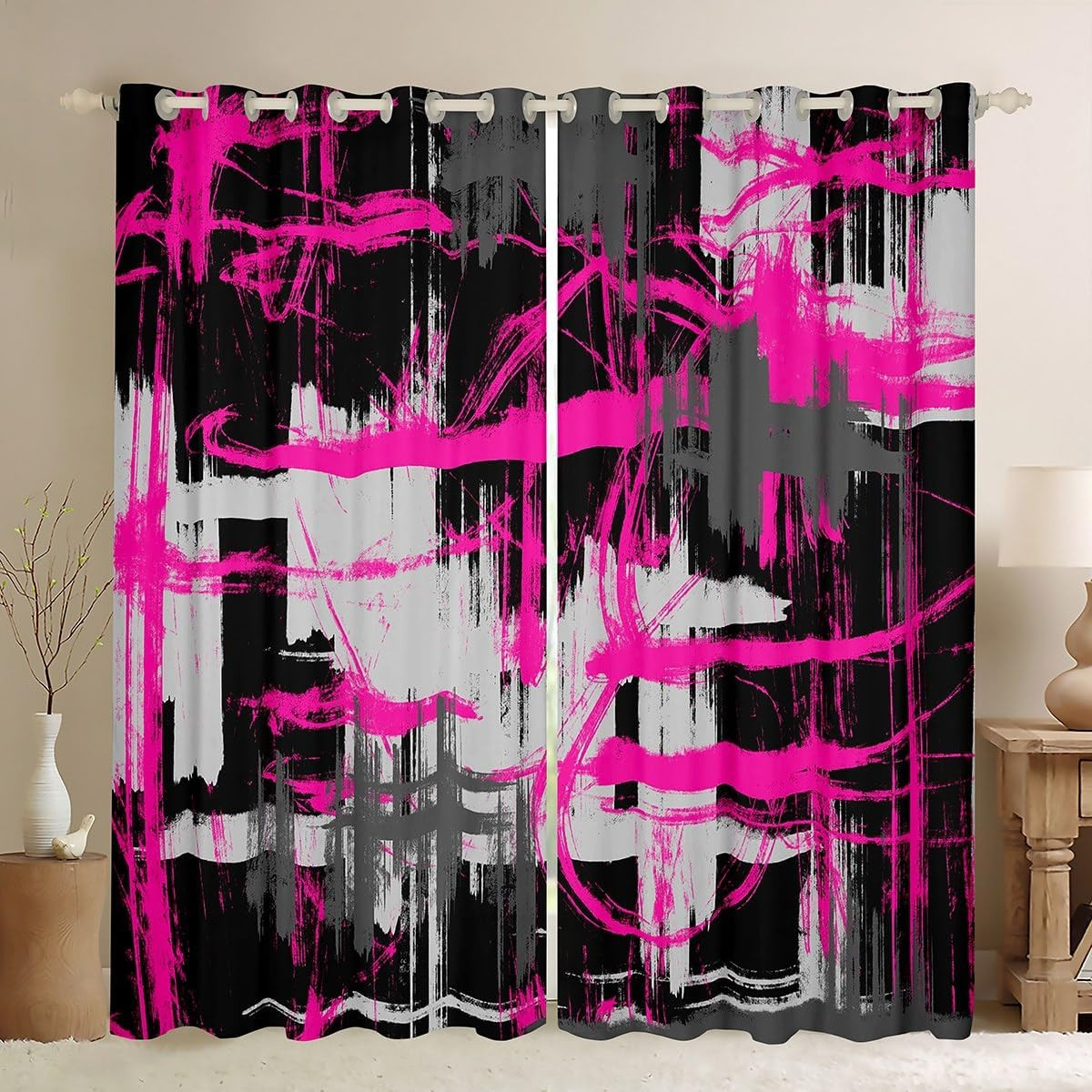 Hot Pink Black Grey Curtains for Bedroom Living Room (2 Panels, 38 X 45 Inch) Ki