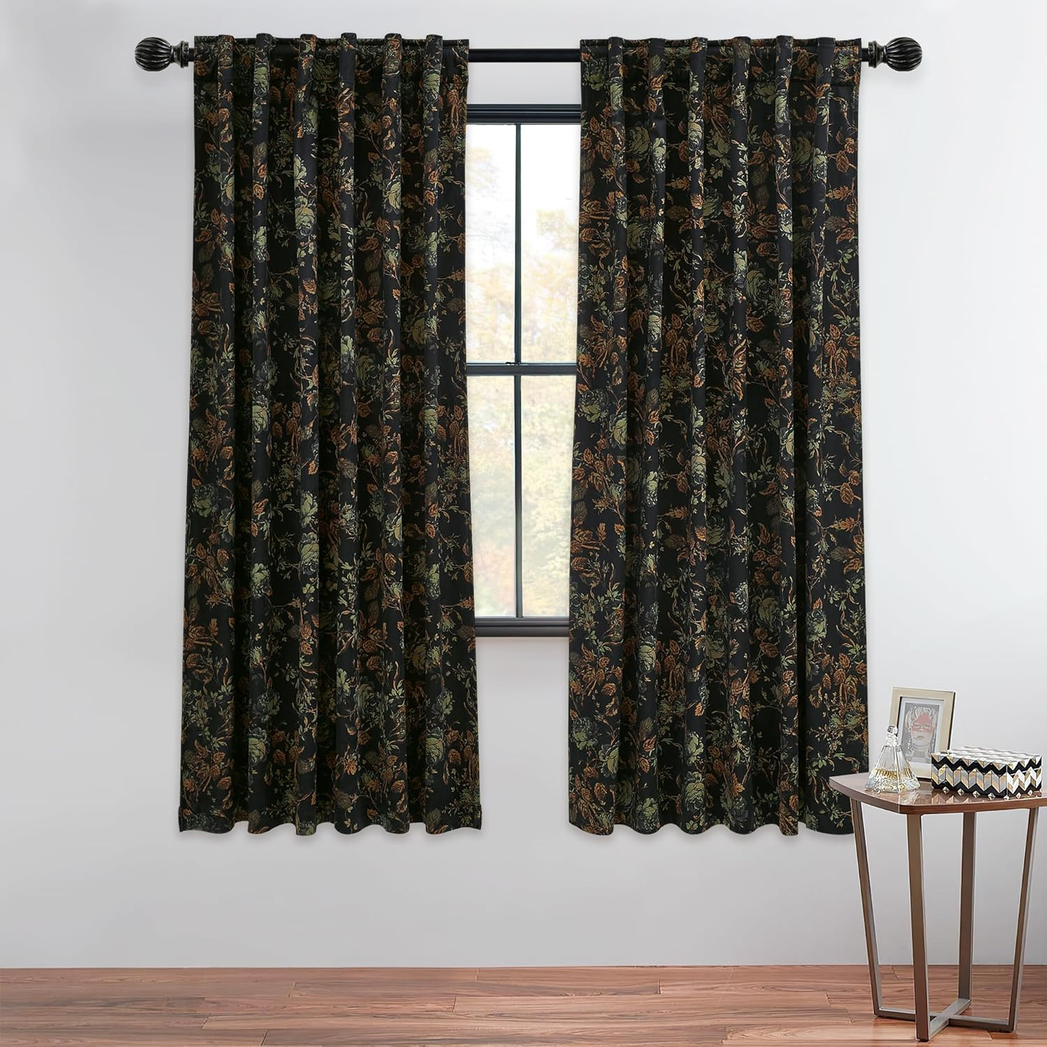 Luxury Black Velvet Floral Room Darkening Curtains 63″ – 2 Panels