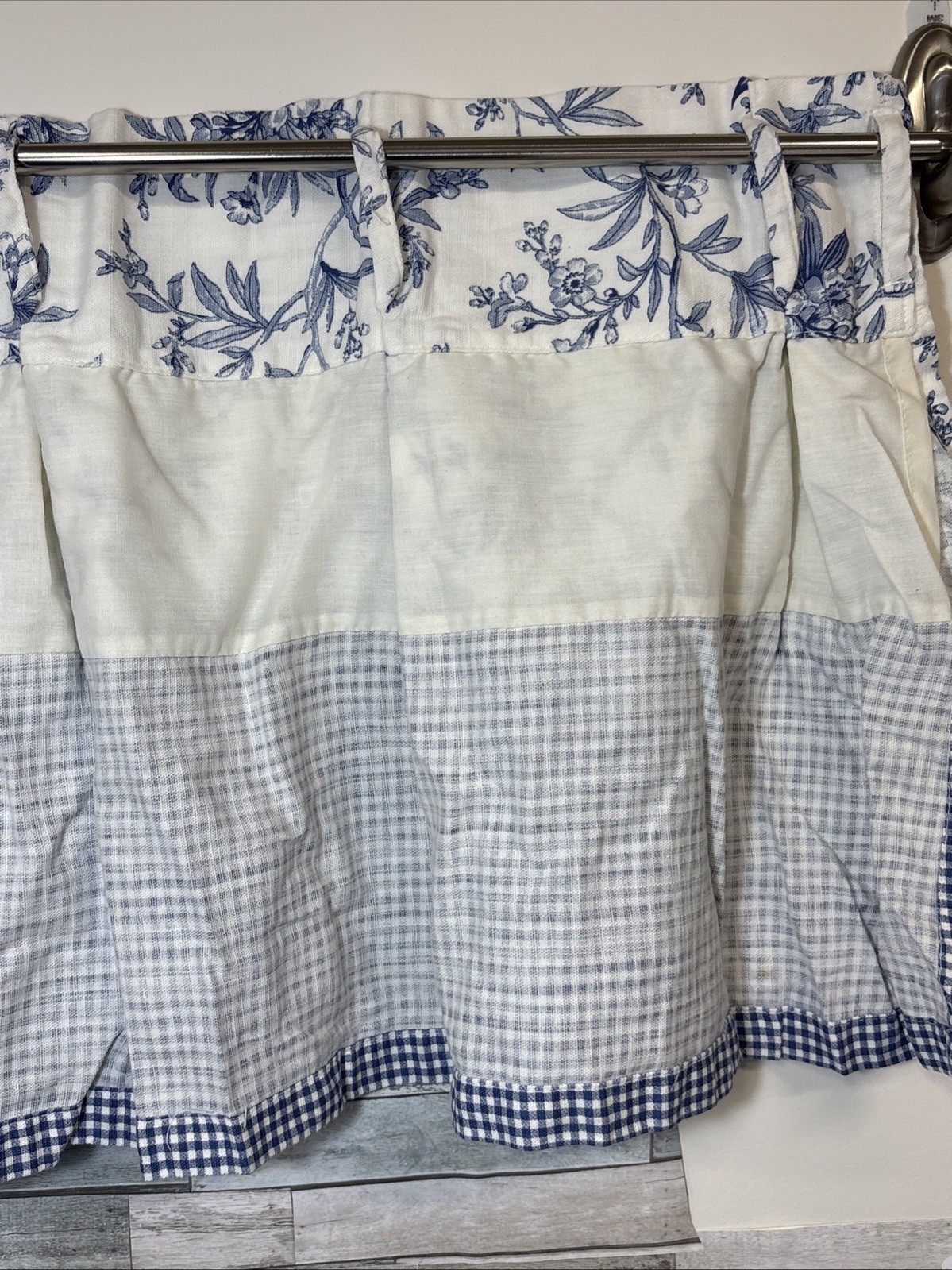 American Living Valance Blue & White Plaid FLORAL w/Button Detail 48”x 18” (#2)