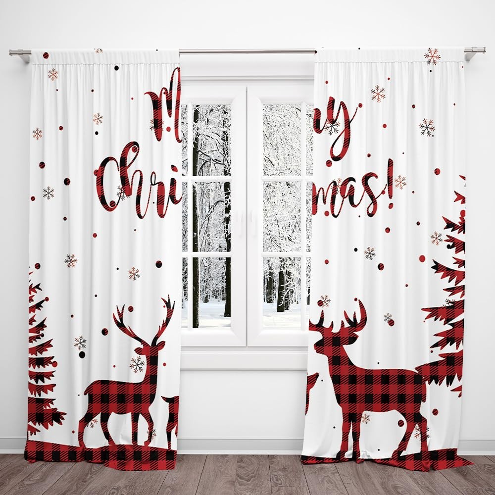 82 x 84 Inches Christmas Winter Curtain Snowflake Xmas Tree Red Check Fawn Theme