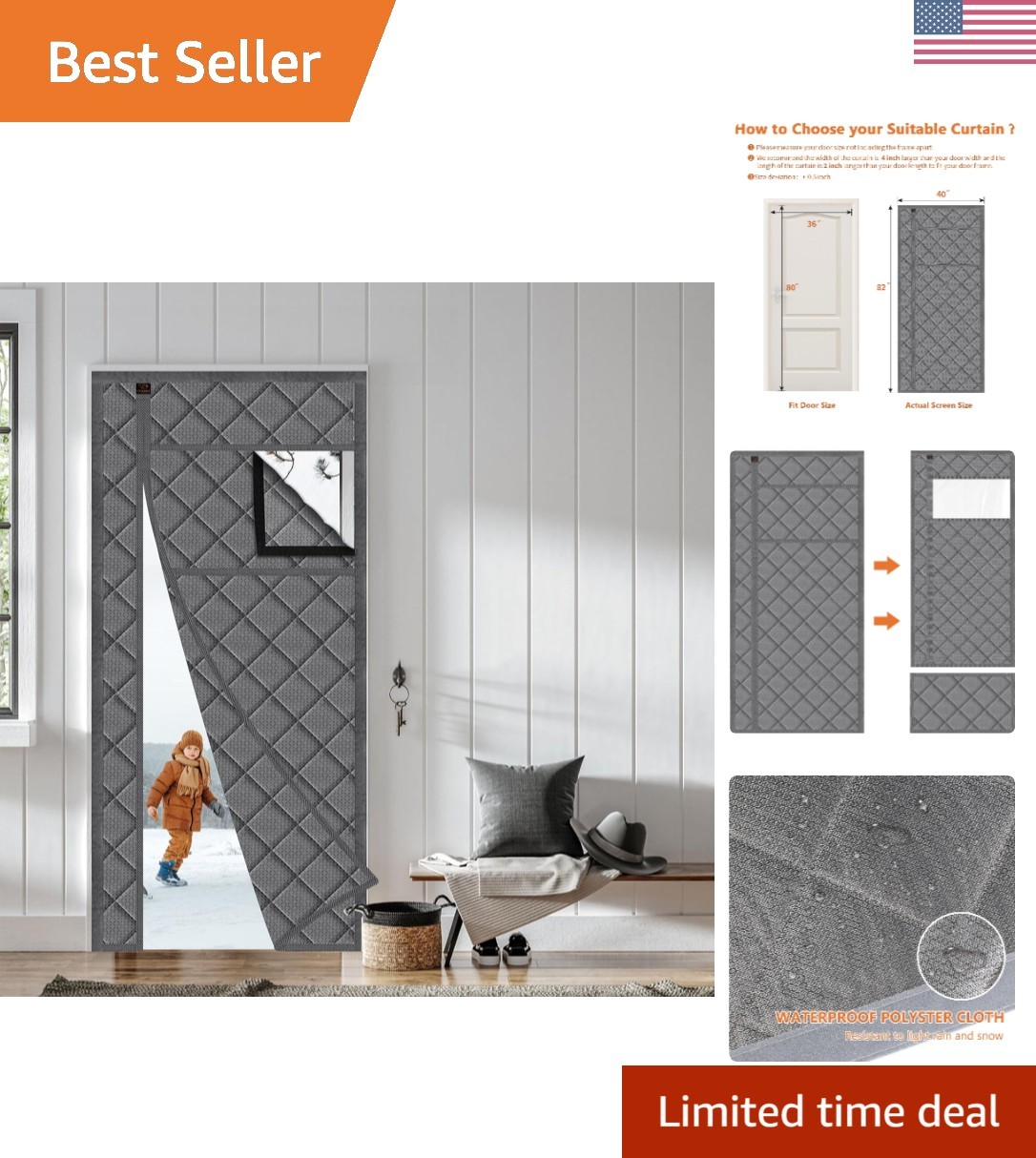 Detachable Magnetic Thermal Insulated Door Curtain 36″ x 80″ – Gray Elegance