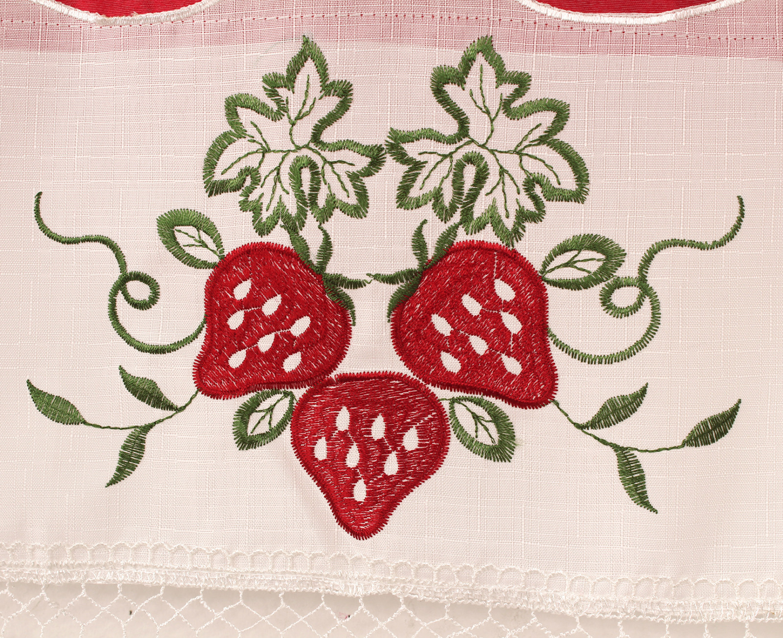 Strawberry Macrame Embroidery Design Kitchen Curtain w Swag and Tier Set 36 inch