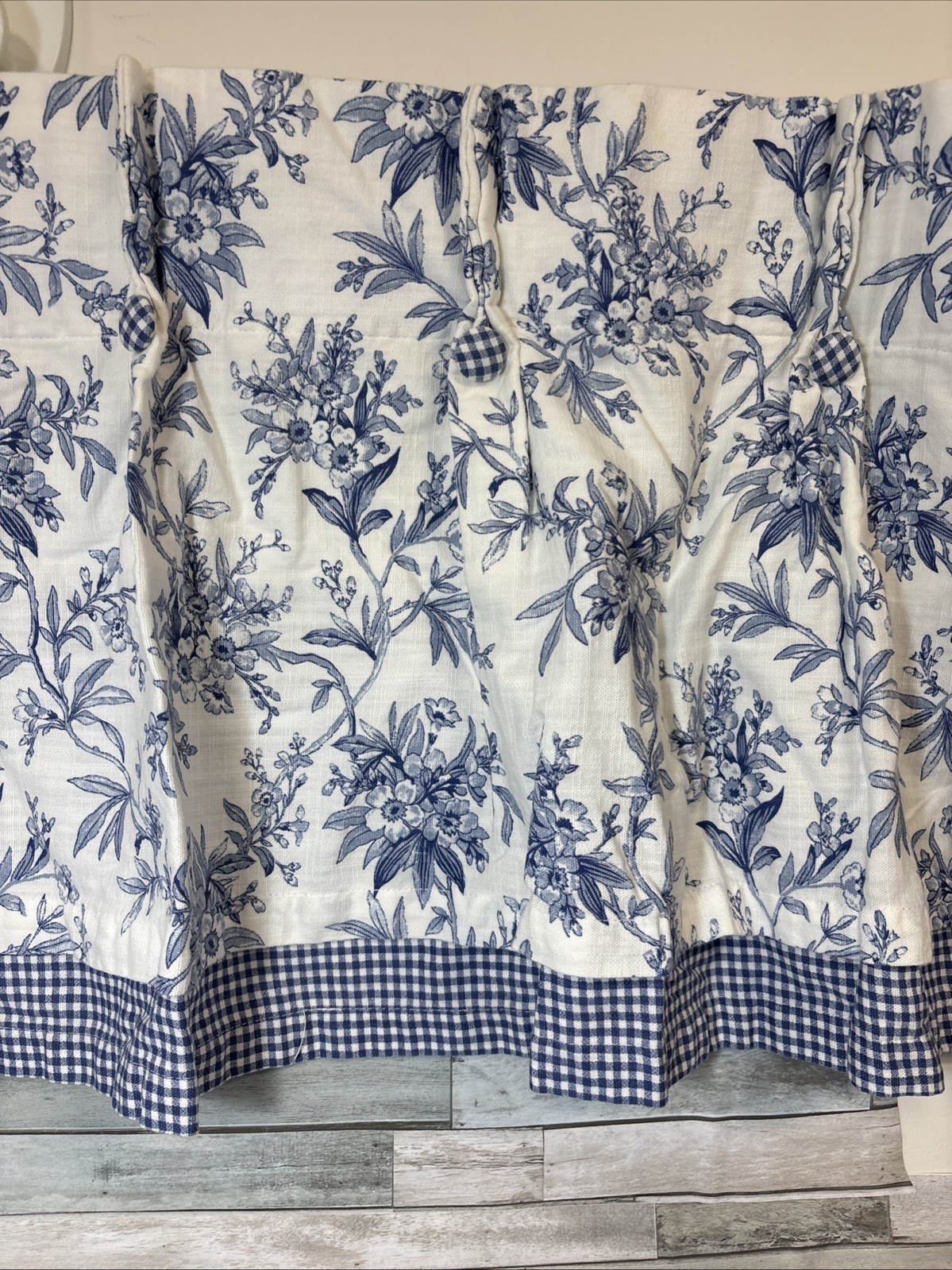 American Living Valance Blue & White Plaid FLORAL w/Button Detail 48”x 18” (#2)