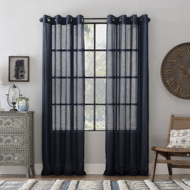Slub Textured Linen Blend Grommet Top Curtain Panel Light Filtering Semi-Sheer