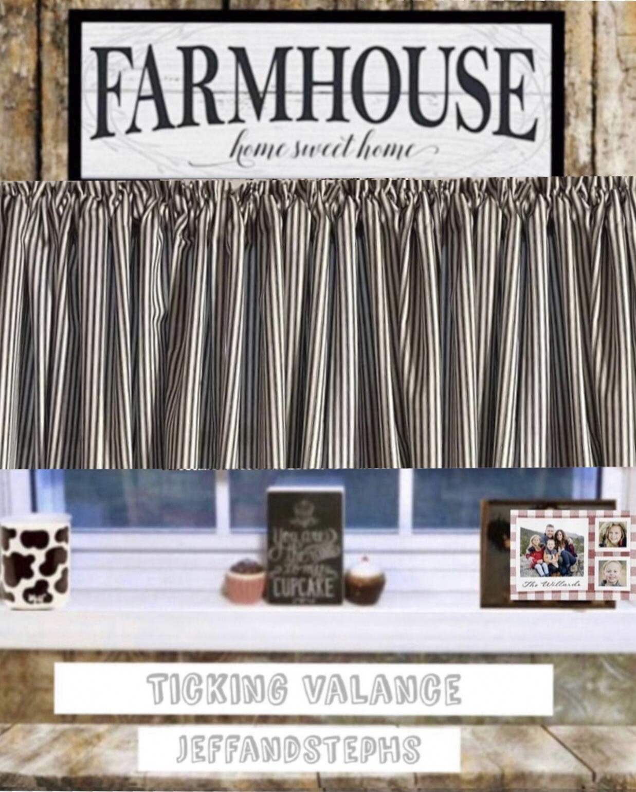 Grandma’s Ticking Valance, Black and Eggshell Farmhouse Decor,42″W x 14″L