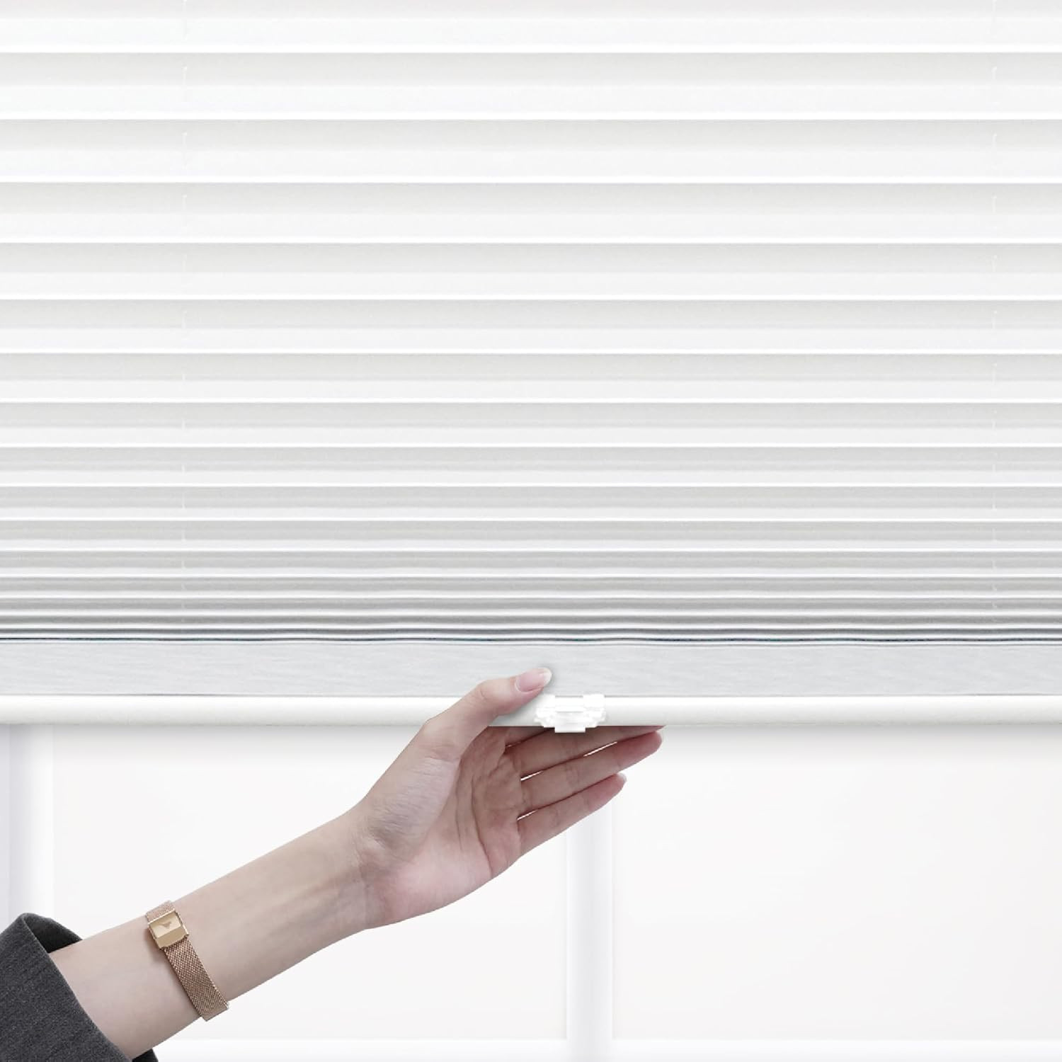 Cordless Light Filtering Pleated Shade, 57.5″W x 64″H, White Fabric
