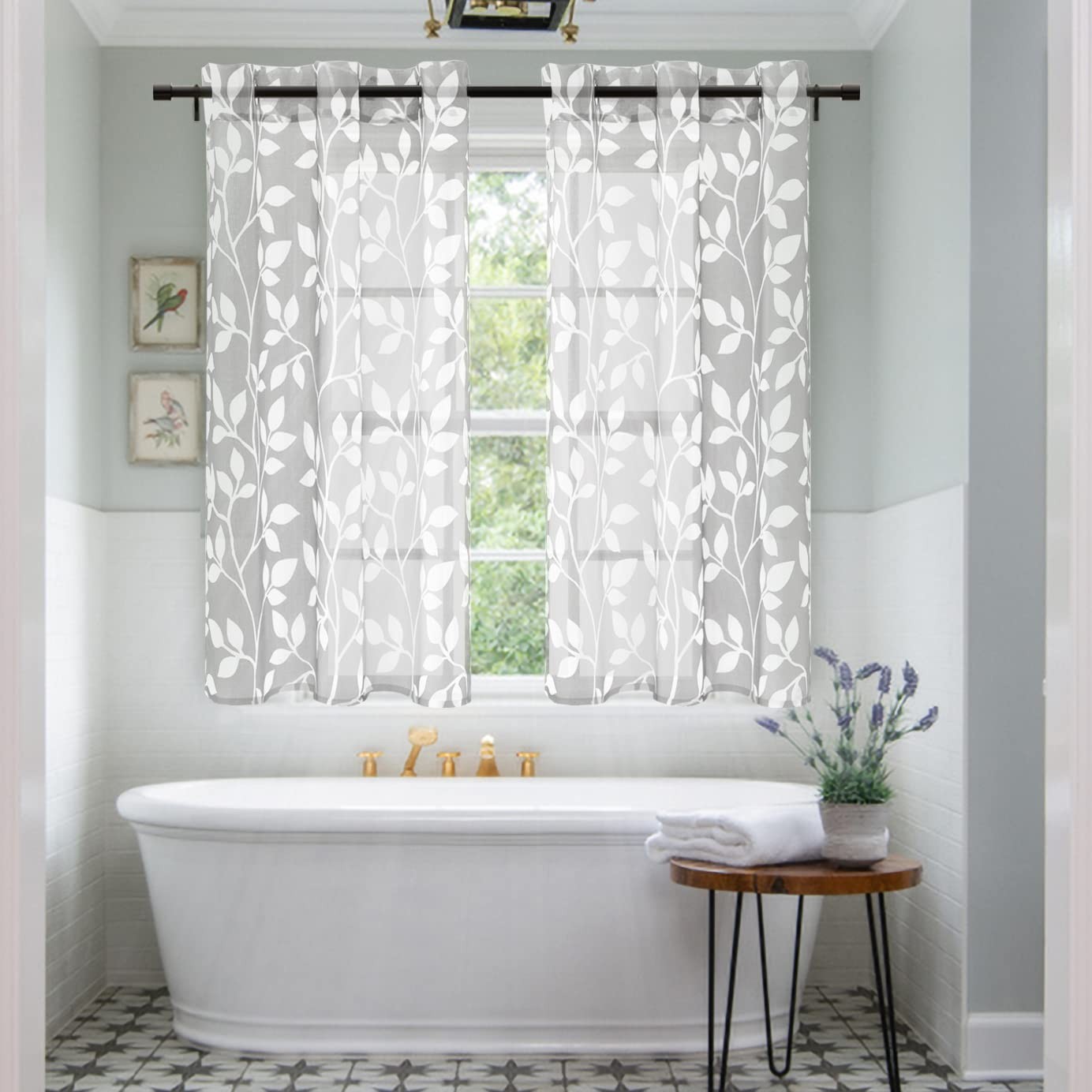 XTMYI 48 Inch Semi Sheer Short Curtains for Windows, Leaf Pattern Grommet Dra…