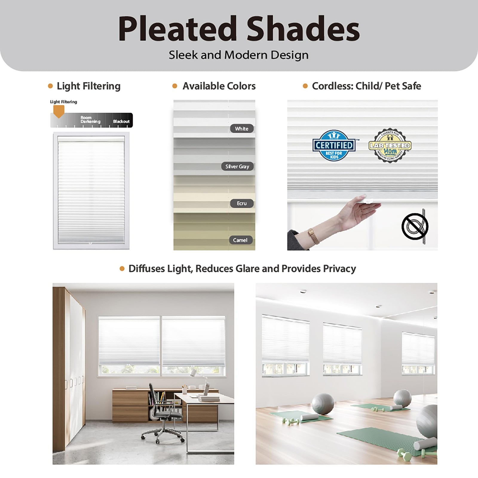 Cordless 1 Light Filtering Pleated Shade, Fabric, 27W x 64H, White