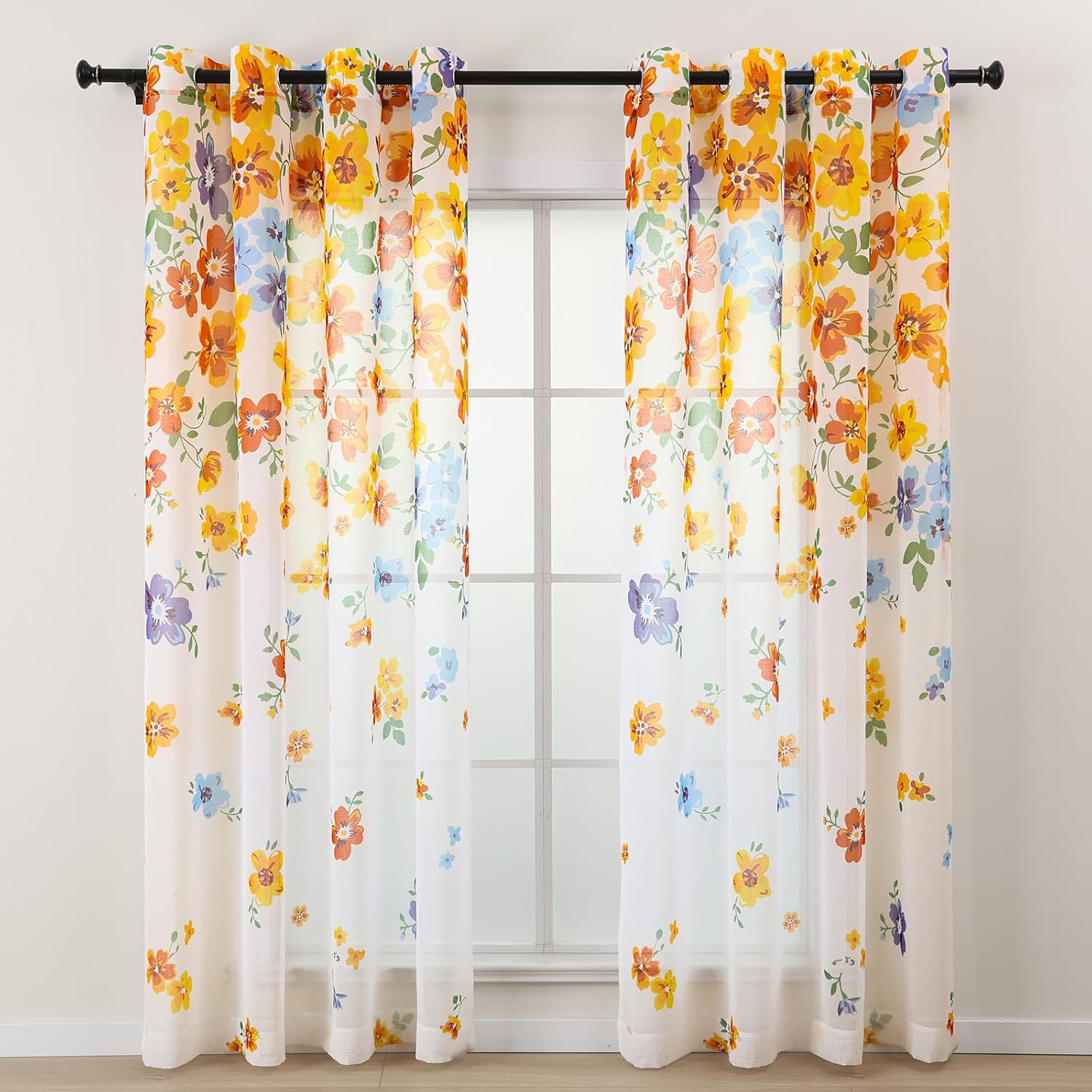 Yellow Orange Floral Sheer Curtains 84 Inch 2 Panels Light Filtering Window