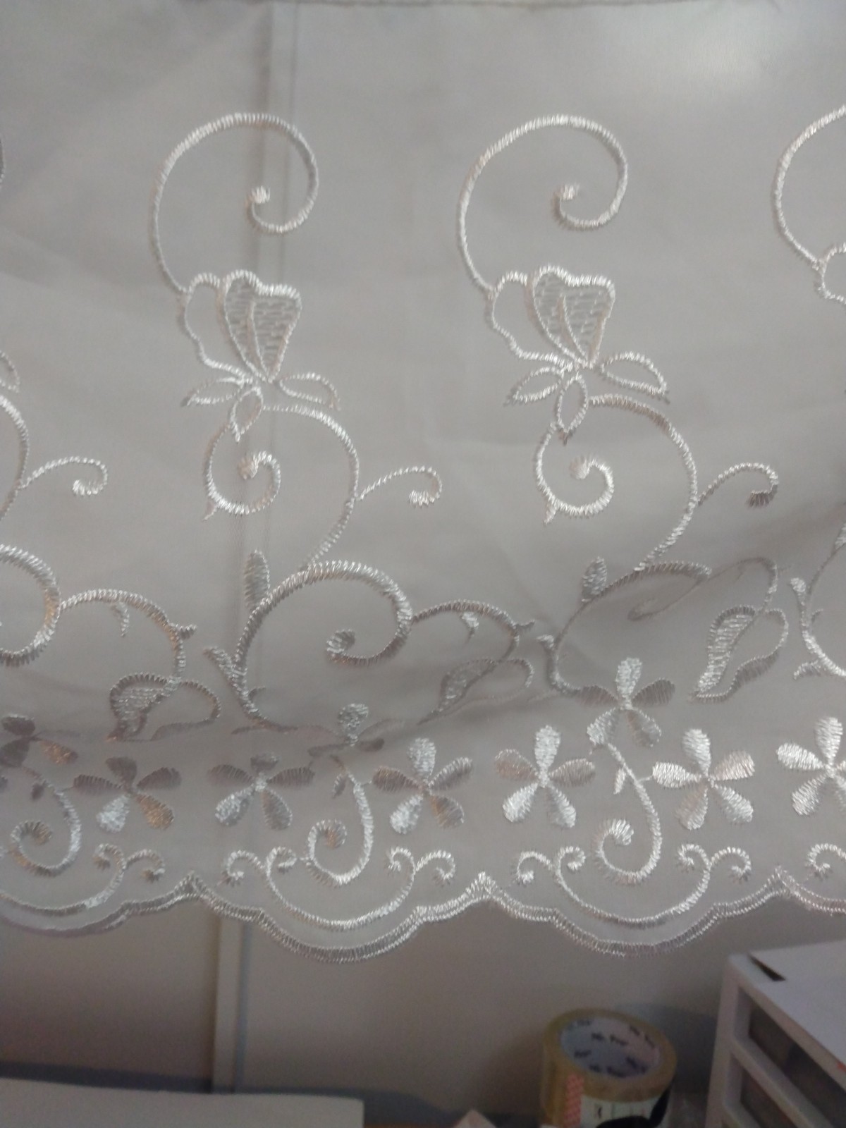 Window Topper 2 pcs Lace,White Embroidered Lace With Flowers. 56″L X 18.5″W..