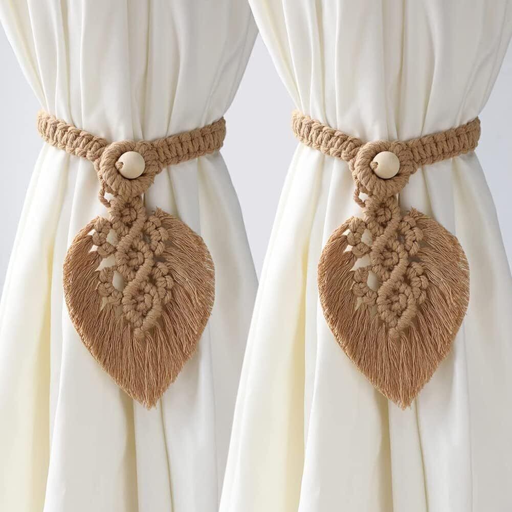 2Pcs Macrame Hand Woven Leaf Tassel Curtain Tie Backs Rope Holdbacks Boho Decor