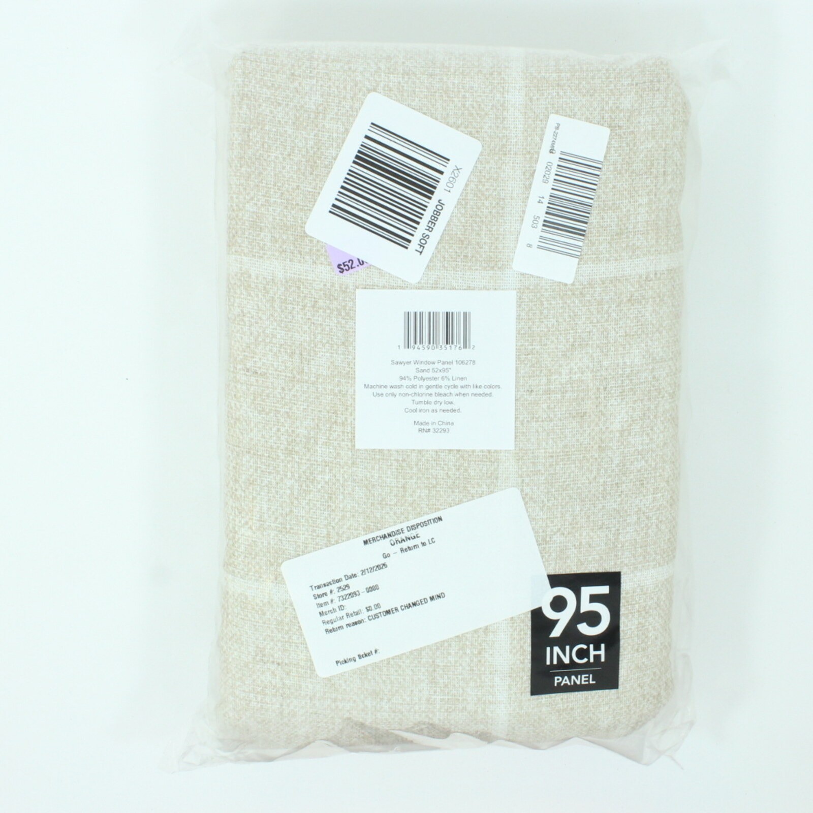 Elrene Blackout Curtain Panel Rod Pocket Back Tab Beige 52×95 Windowpane
