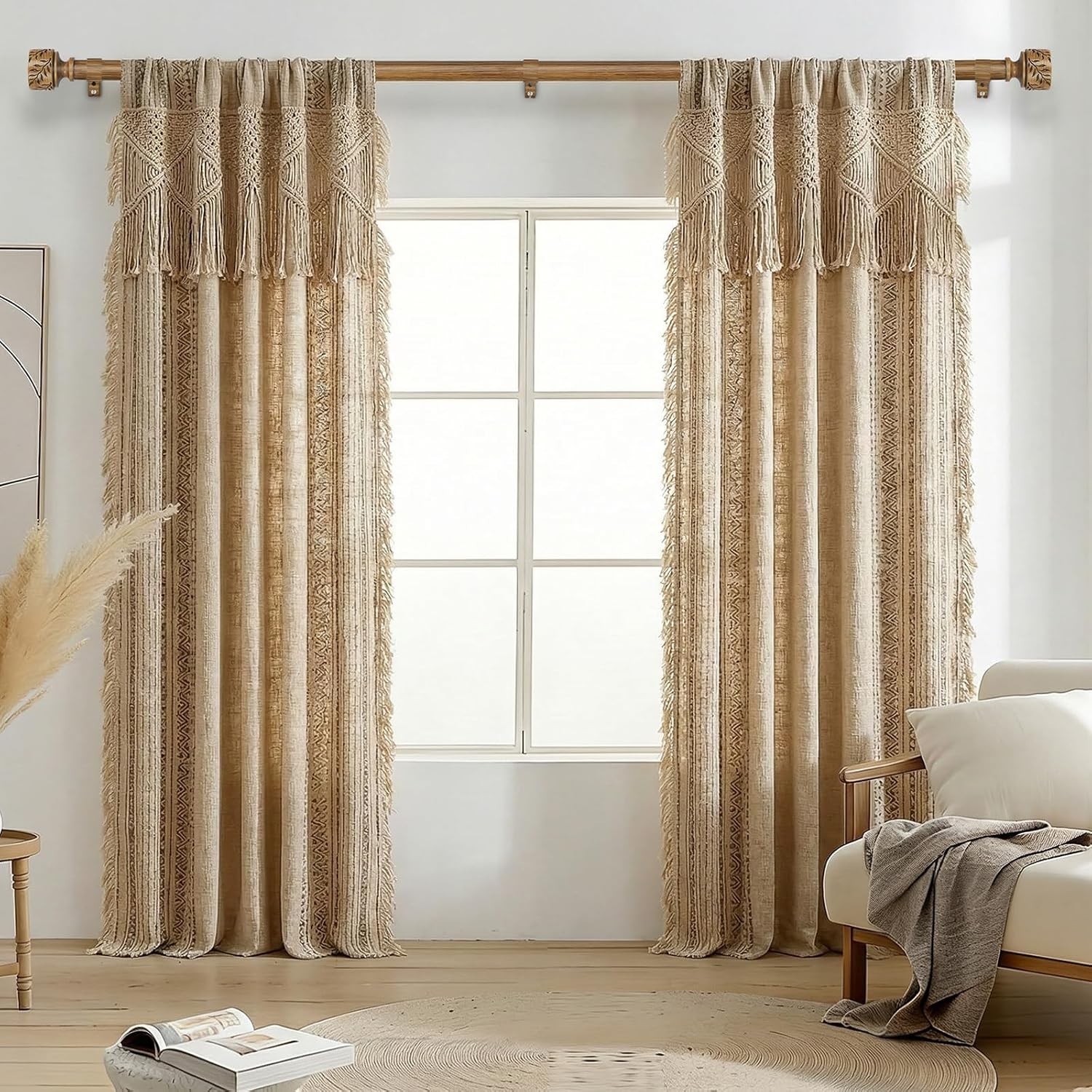 2 Pack Boho Wood Curtain Rod 66-120 Inch Leaf Pattern