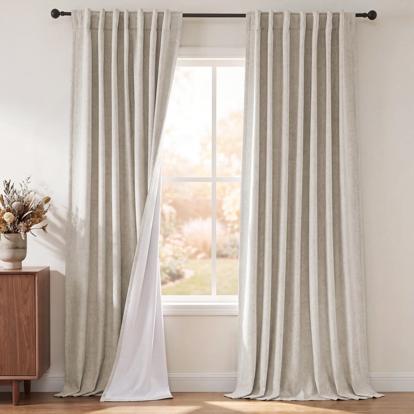 100% Blackout Linen Curtains for Bedroom 84 inches Length 2 Panels Set,Black …