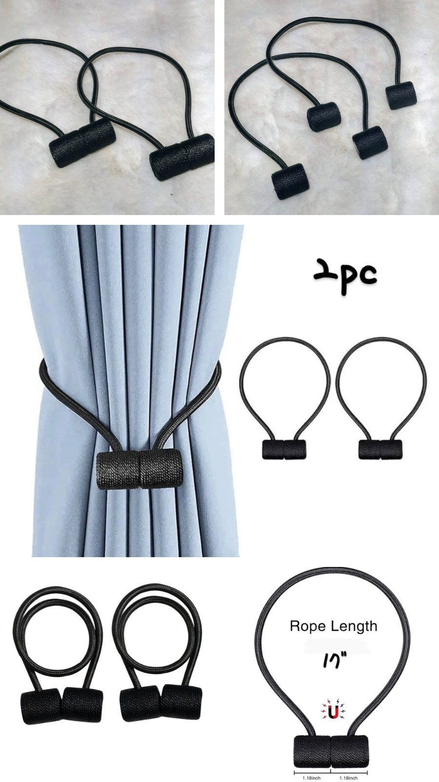 2pc Black Nylon Curtain/Drapes Strong Magnetic Tieback Holders ▪︎ Home Travel RV
