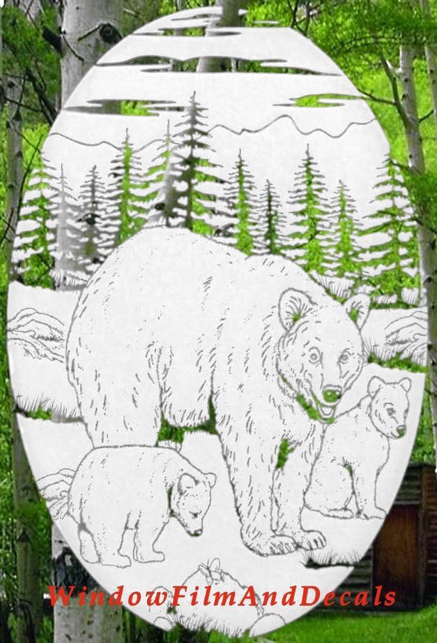 Bears Static Cling Window Decal 10×16 OVAL Etched Glass Look Country Door Decor