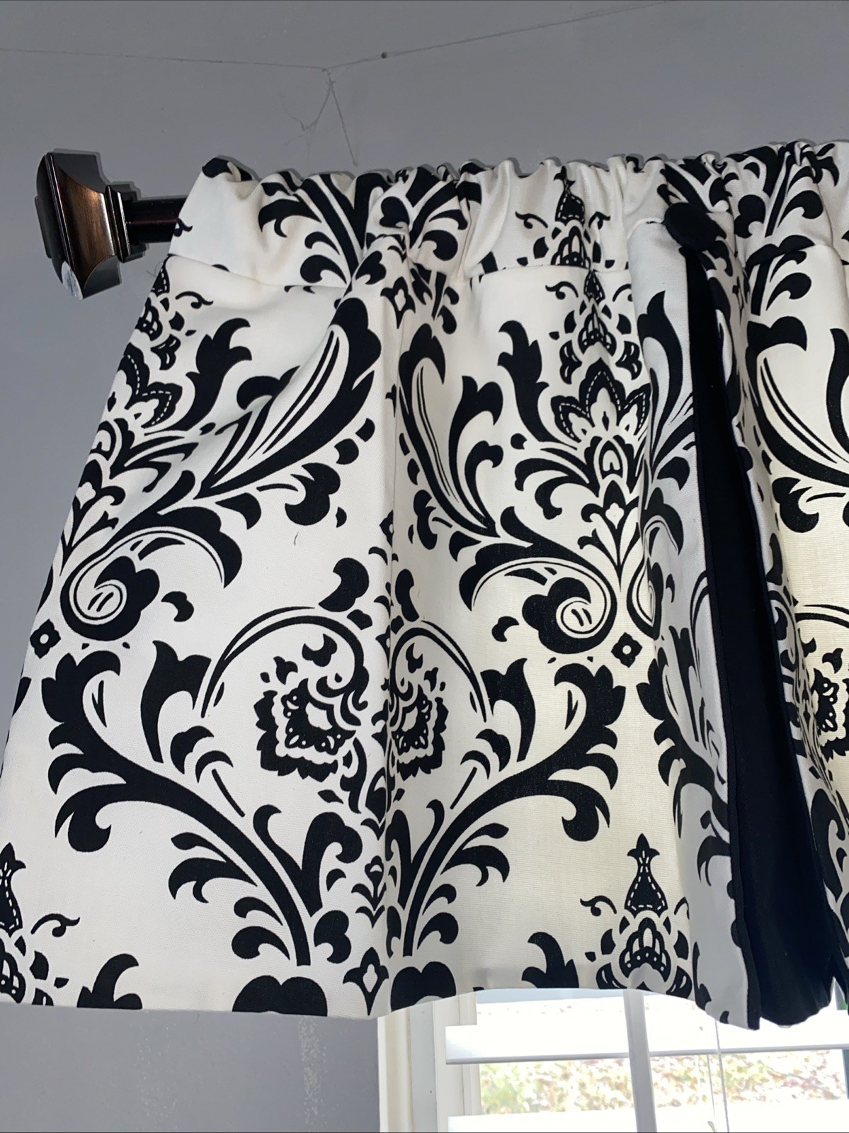 Black And White Damask Panel Pleated Button Top Curtain Valence NWOT Set Of 2
