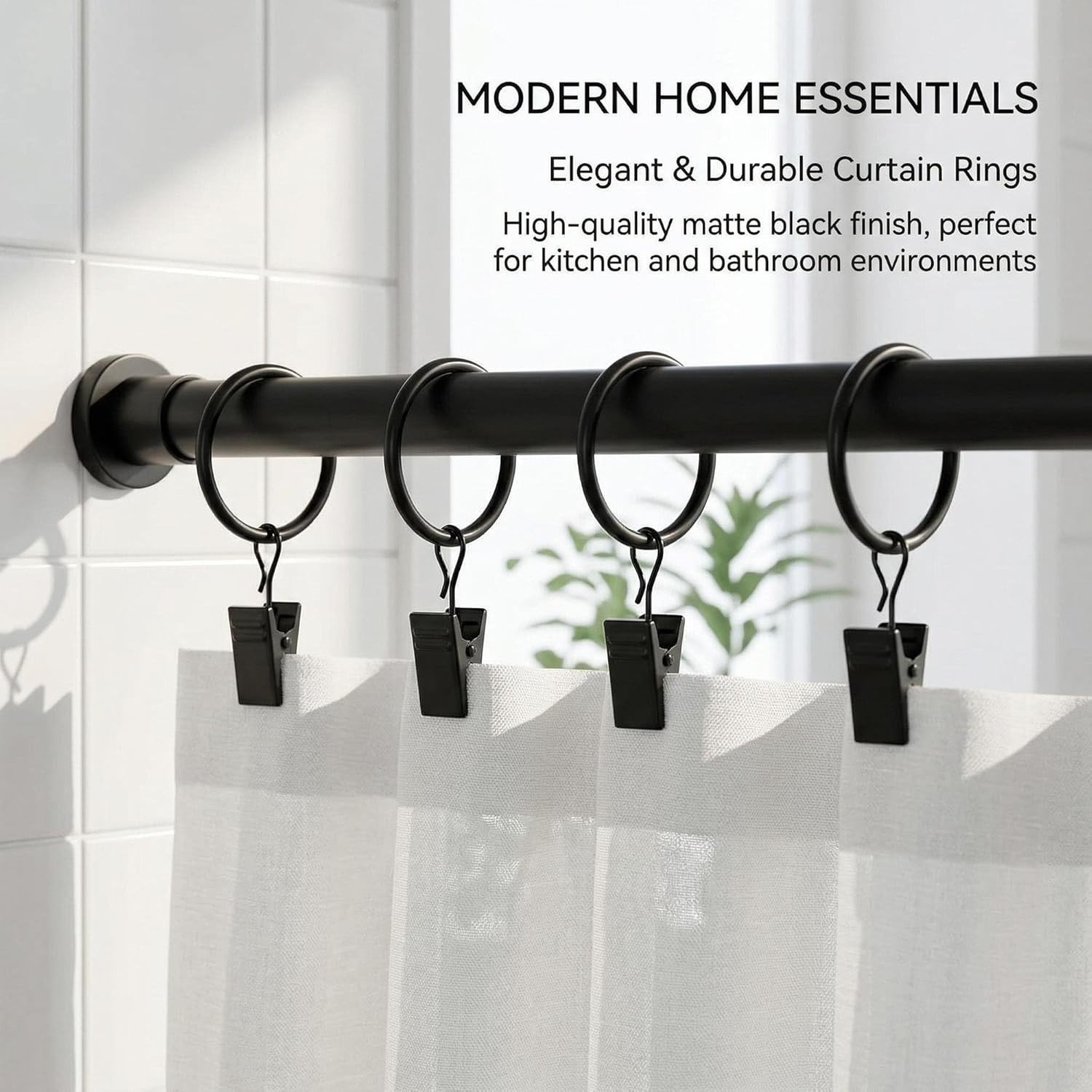 50PCS Curtain Rings with Clips – Curtain Clips Black Drapery Rings with Fastener