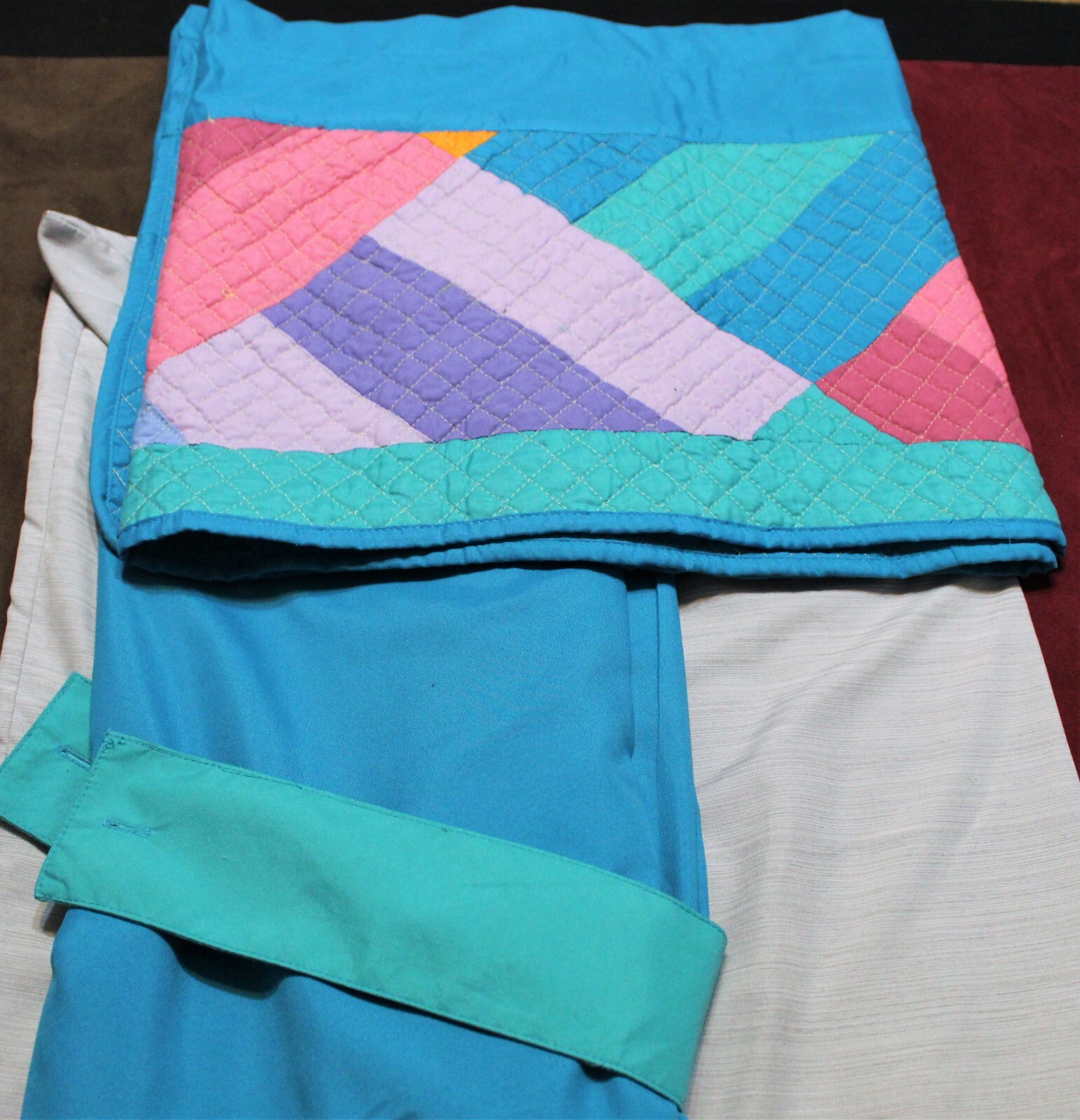 Quilt Teal, Pink, Purple Curtains Valance with Two Panels and Tie Backs